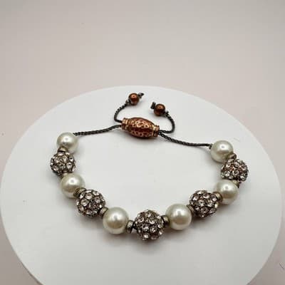 Vintage 90s White Faux Pearl Rhinestone Ball Bracelet Women's Classic Jewelry - Thumbnail 6