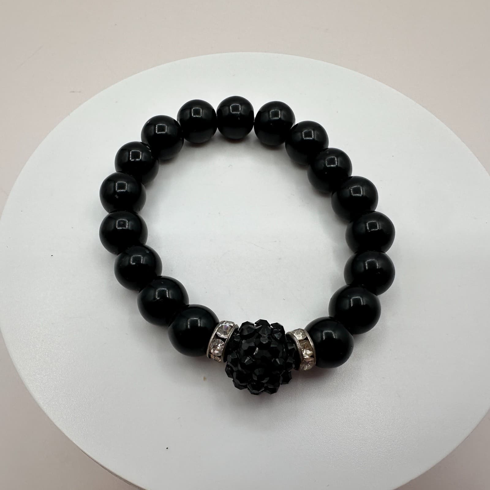 Vintage 90s Silver Tone Black Glass Beaded Disco Ball Bracelet Women's Jewelry - Thumbnail 5