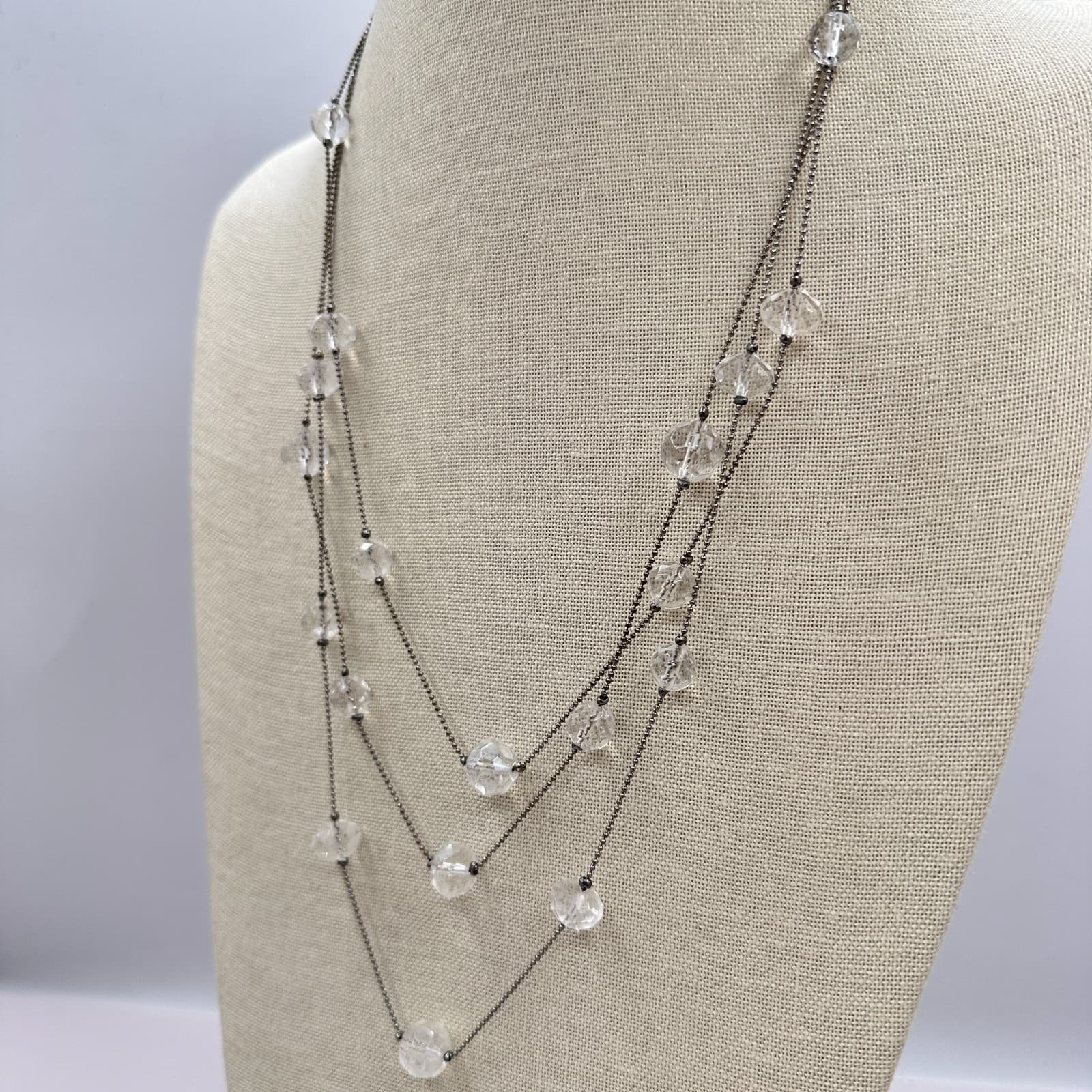 Vintage 90s Silver Tone Triple Strand Clear Beaded Necklace Classic Jewelry - Thumbnail 6