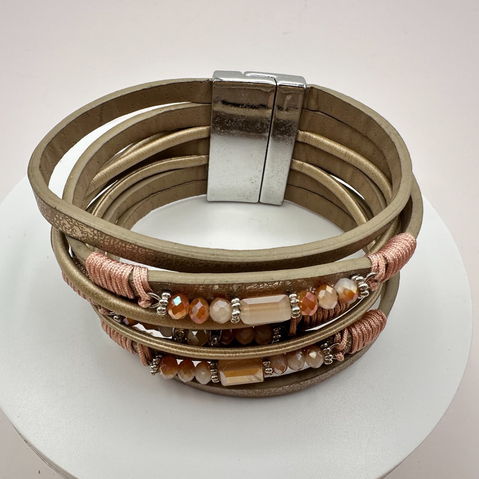 Vintage Y2K Boho Beaded Faux Leather Multi Strand Cuff Bracelet Women's Jewelry - Thumbnail 3