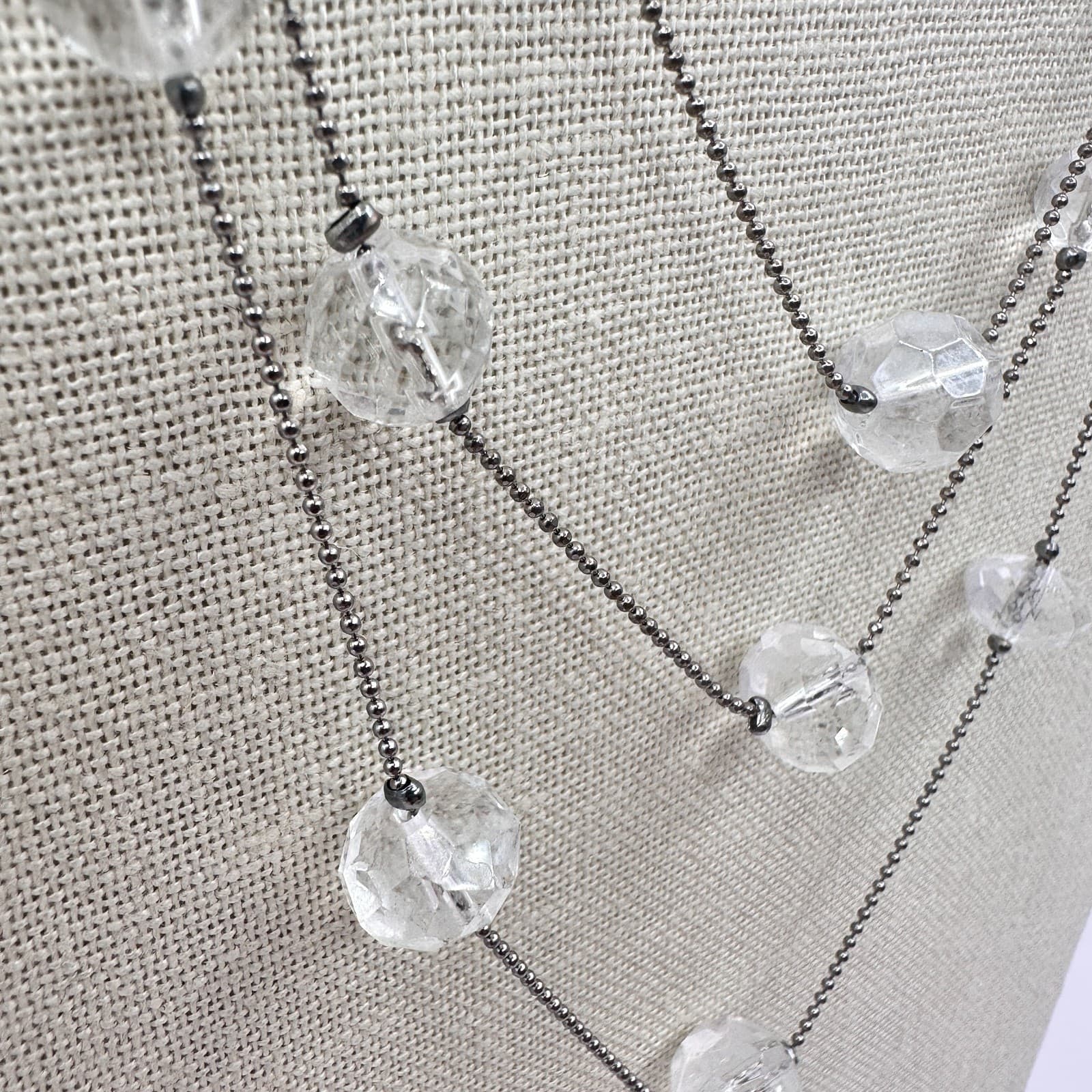 Vintage 90s Silver Tone Triple Strand Clear Beaded Necklace Classic Jewelry - Thumbnail 5