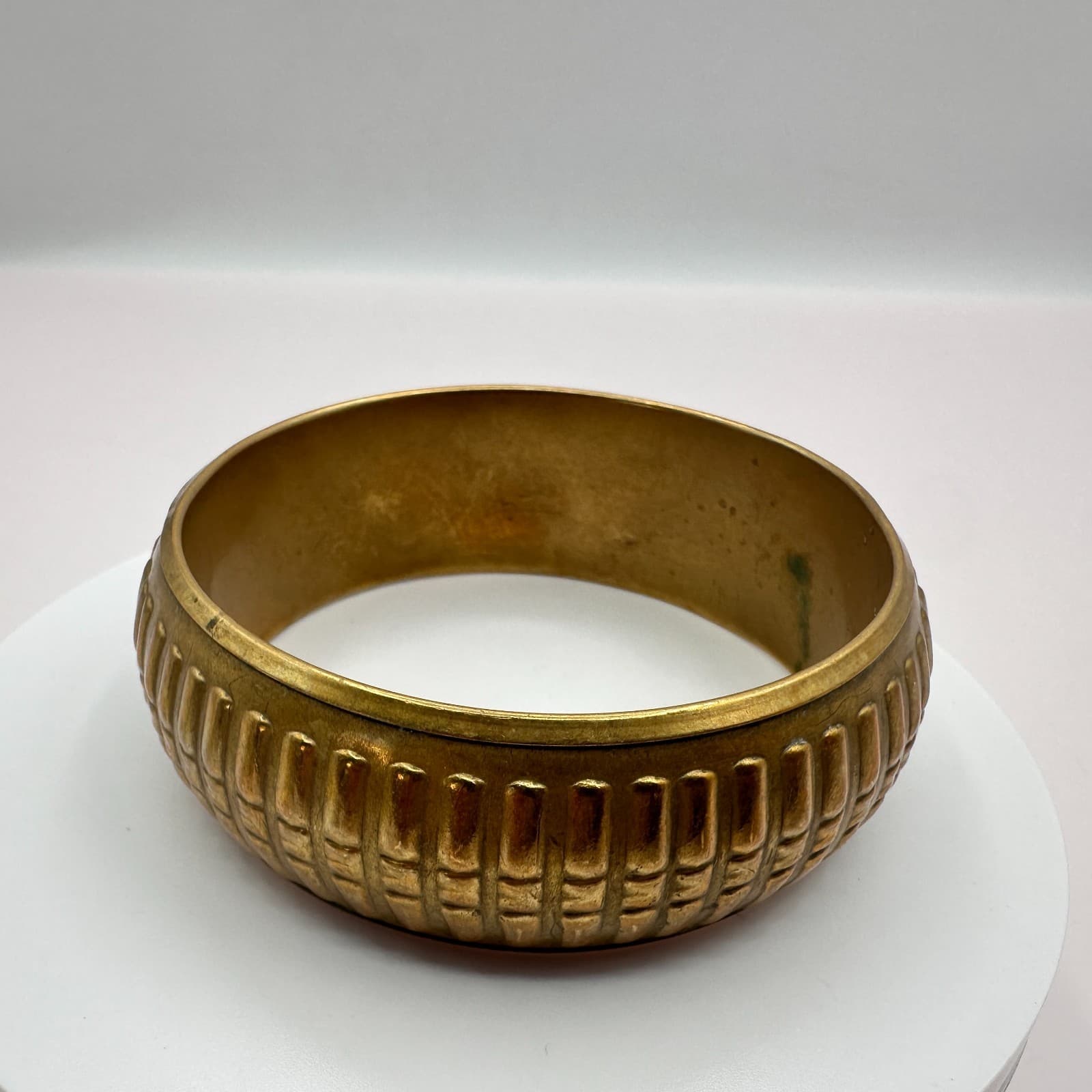 Vintage 90s Brass Tone Stacking Ribbed Bangle Statement Women's Classic Jewelry - Thumbnail 2