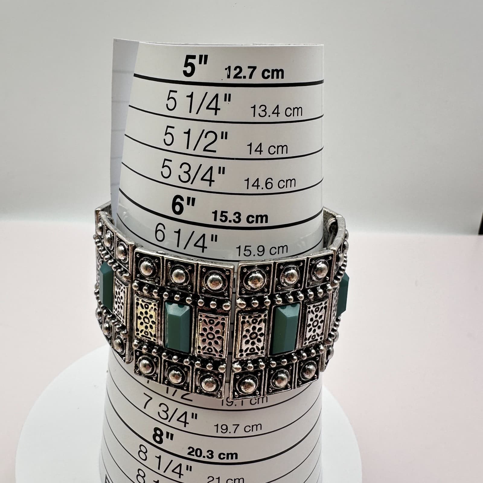 Vintage 90s Teal Green Stones Silver Tone Wide Stretch Cuff Bracelet Jewelry - Thumbnail 8