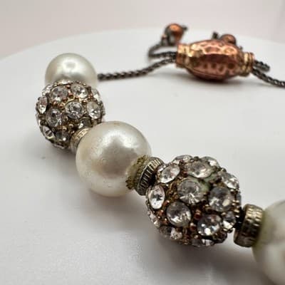 Vintage 90s White Faux Pearl Rhinestone Ball Bracelet Women's Classic Jewelry - Thumbnail 5