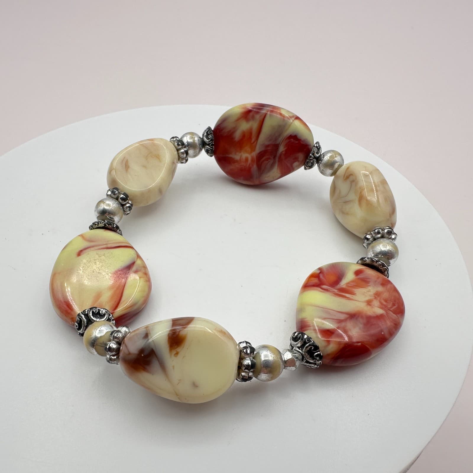 Vintage Y2K Cream Red Marbled Bracelet Statement Women's Classic Fashion Jewelry - Thumbnail 2