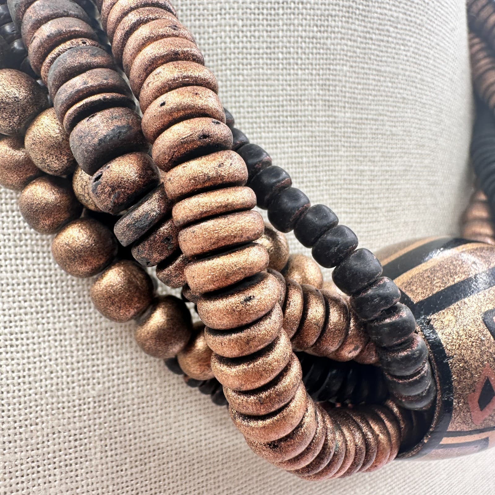 Vintage 80s Silver Tone Multi Strand Chunky Wooden Beaded Necklace Jewelry - Thumbnail 3