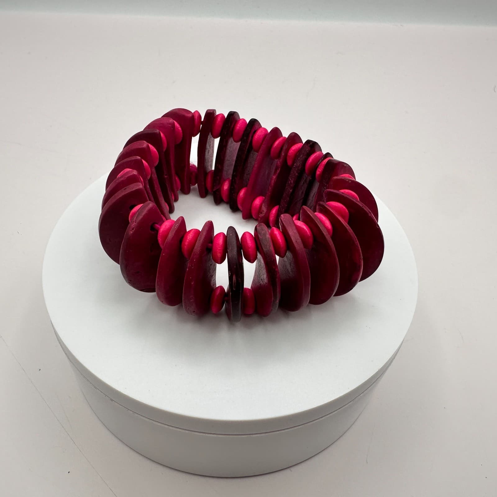 Vintage Y2K Tagua Nut Wood Bead Stretch Bracelet Fuchsia Pink Statement Jewelry - Thumbnail 5