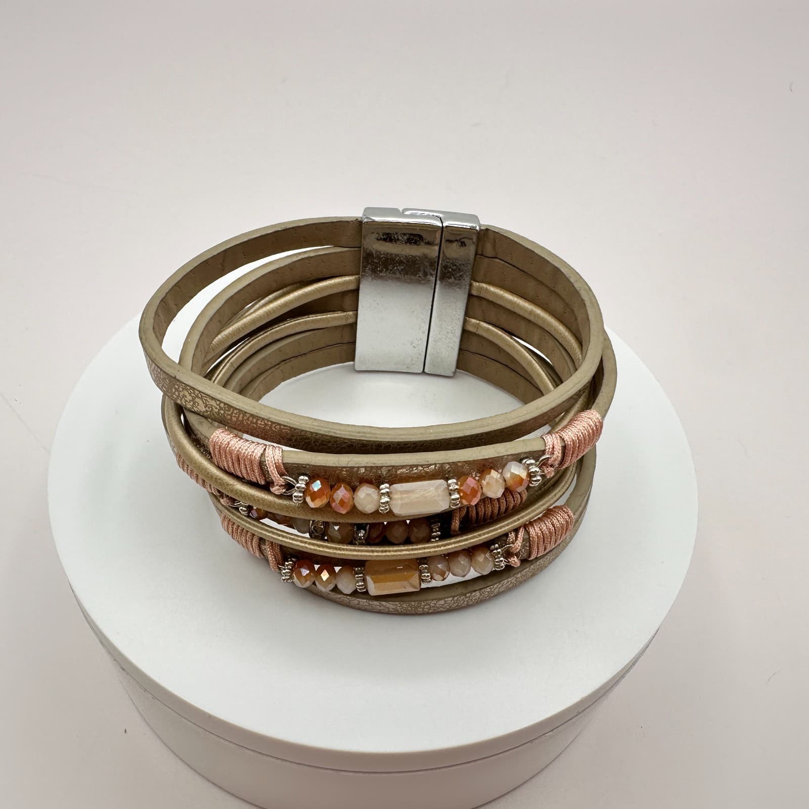 Vintage Y2K Boho Beaded Faux Leather Multi Strand Cuff Bracelet Women's Jewelry - Thumbnail 2