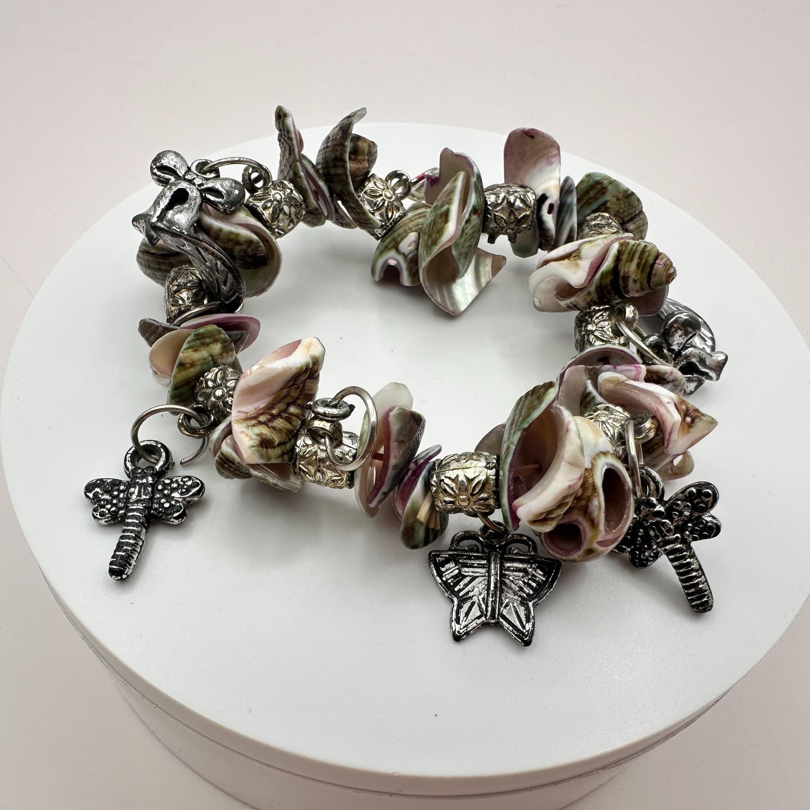 Vintage 90s Boho Shell Silver Tone Charm Bracelet Statement Women's Jewelry - Thumbnail 6