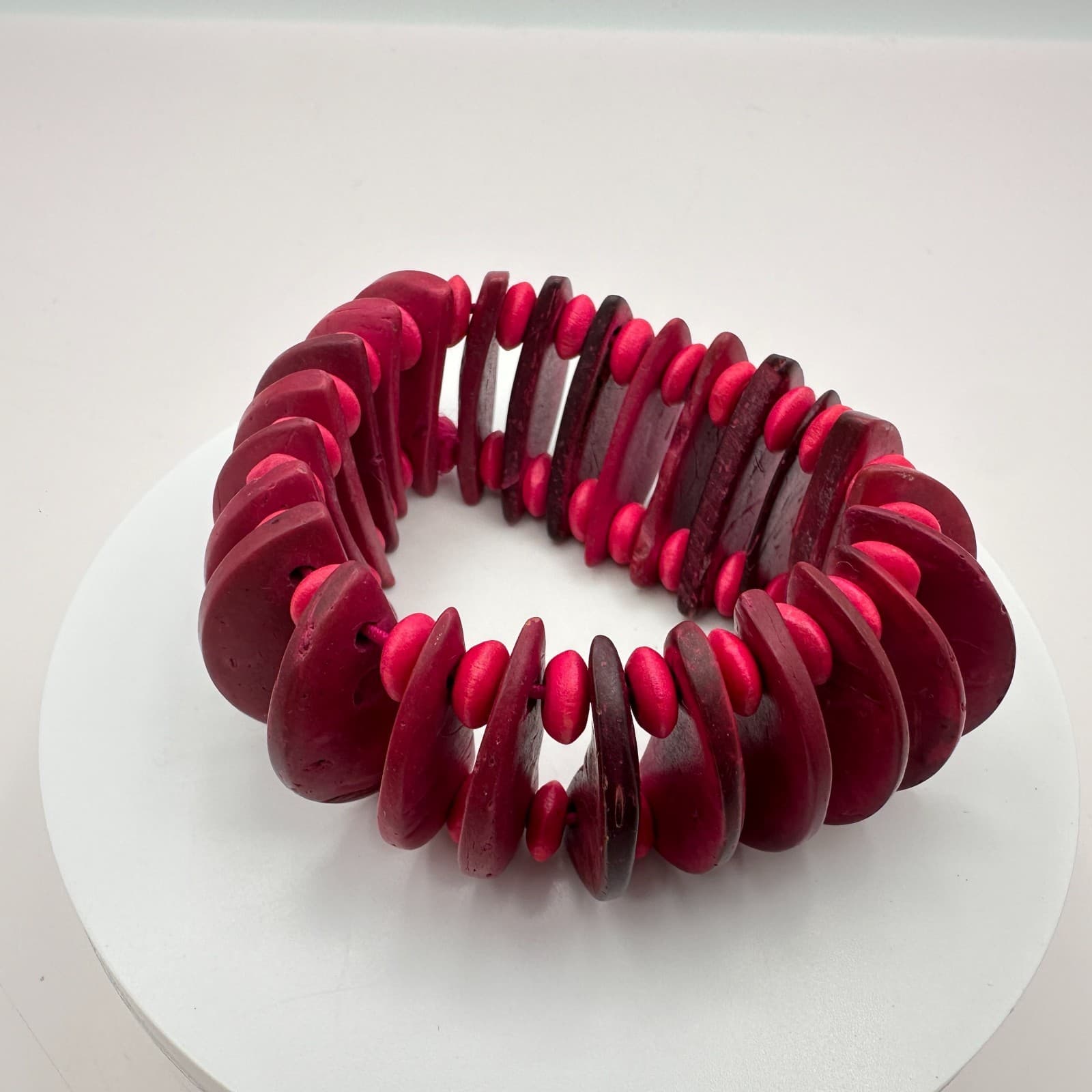 Vintage Y2K Tagua Nut Wood Bead Stretch Bracelet Fuchsia Pink Statement Jewelry - Thumbnail 2
