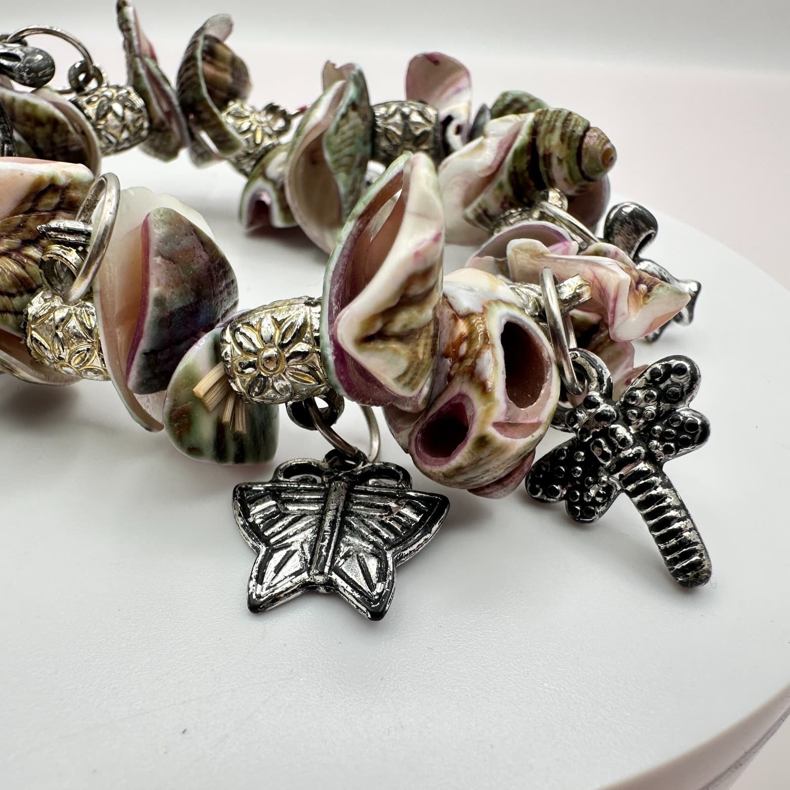 Vintage 90s Boho Shell Silver Tone Charm Bracelet Statement Women's Jewelry - Thumbnail 3