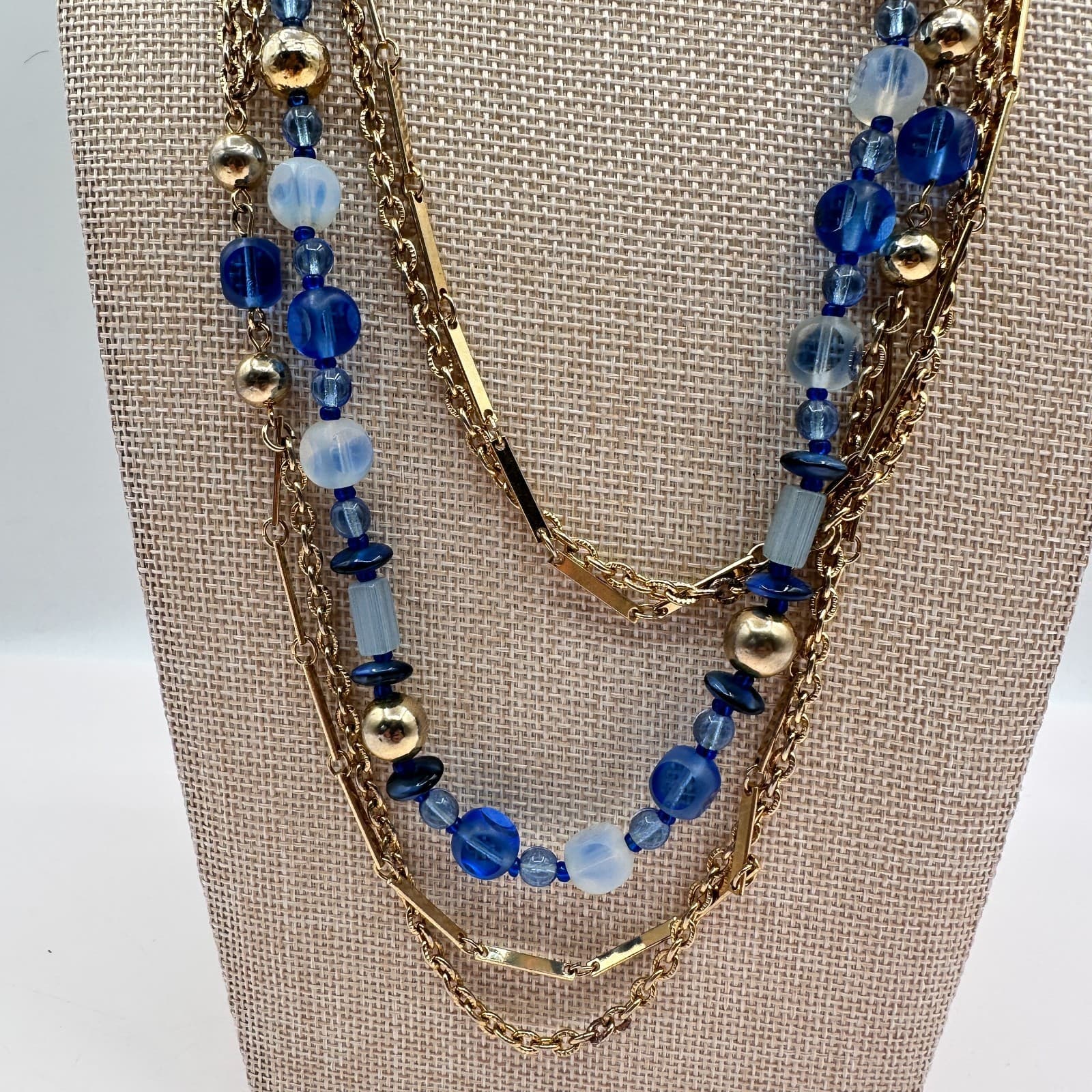 Vintage 90s Beaded Multi-Strand Gold Tone Necklace & Dangle Earrings Set Jewelry - Thumbnail 4