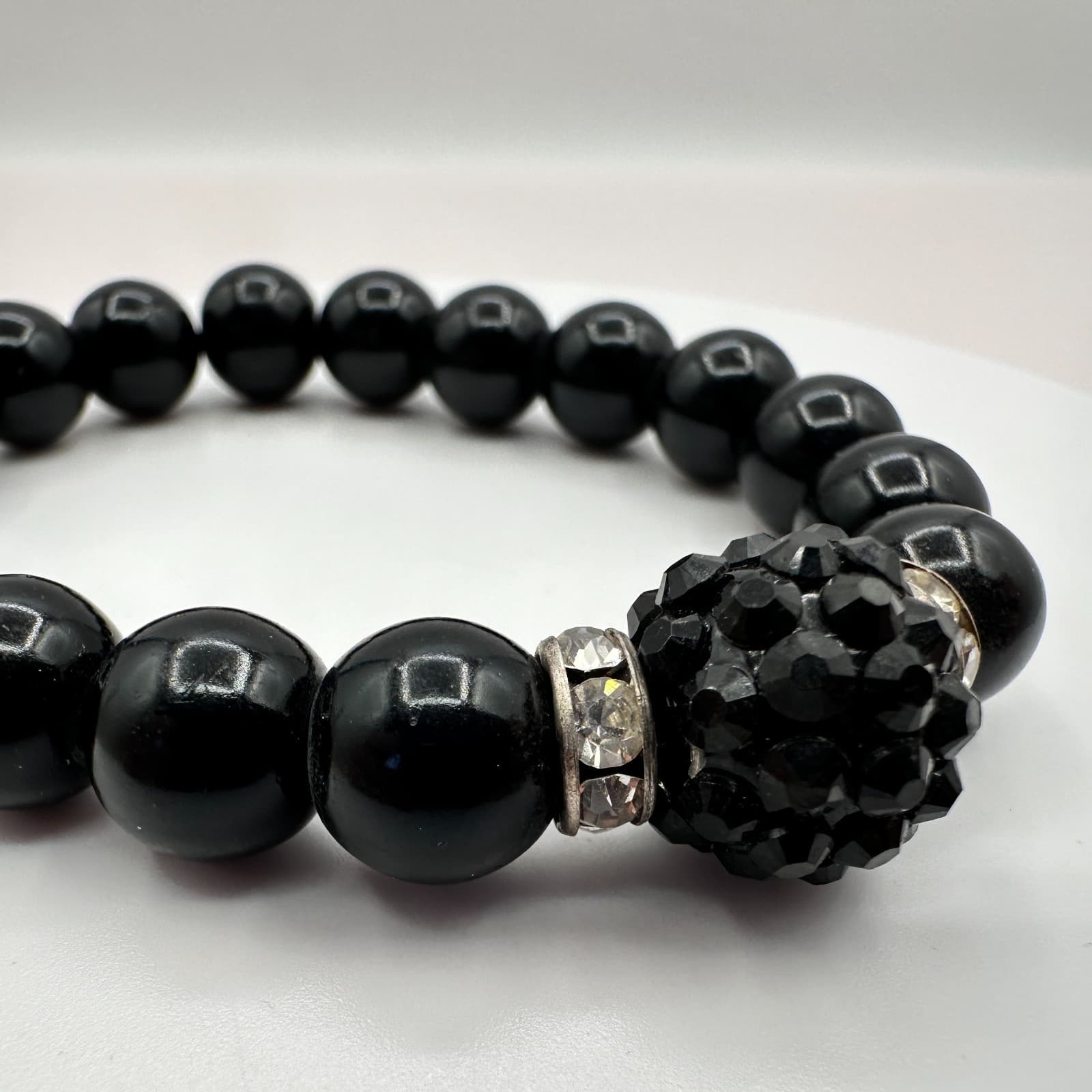 Vintage 90s Silver Tone Black Glass Beaded Disco Ball Bracelet Women's Jewelry - Thumbnail 7