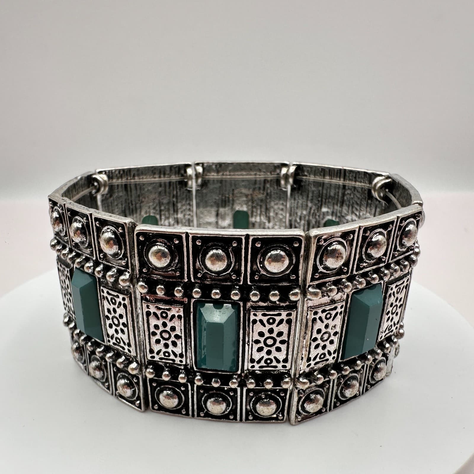 Vintage 90s Teal Green Stones Silver Tone Wide Stretch Cuff Bracelet Jewelry - Thumbnail 6