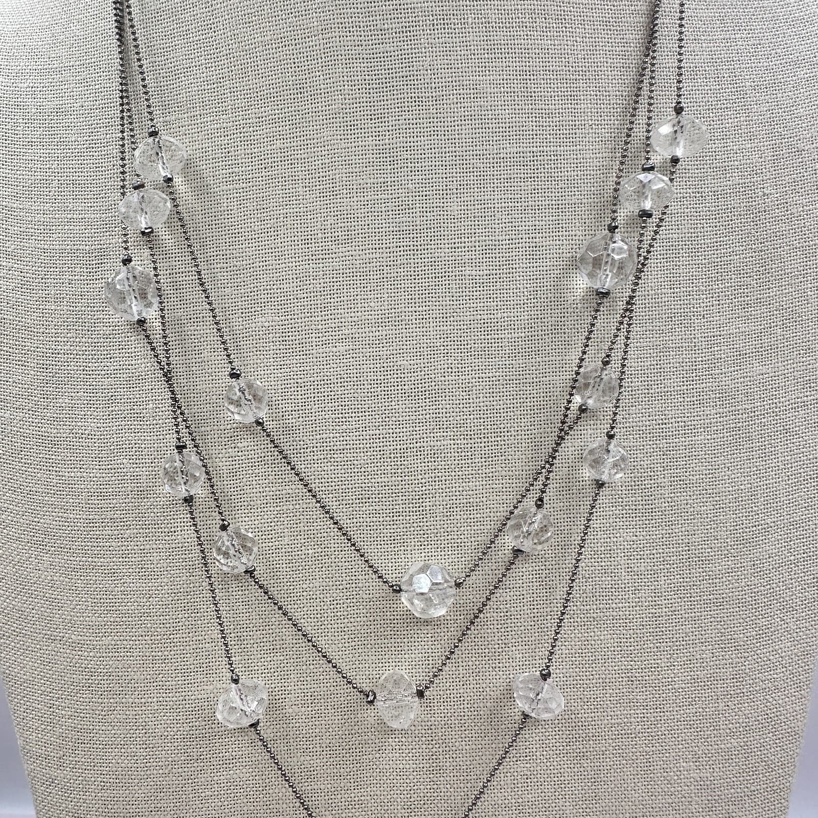 Vintage 90s Silver Tone Triple Strand Clear Beaded Necklace Classic Jewelry - Thumbnail 3