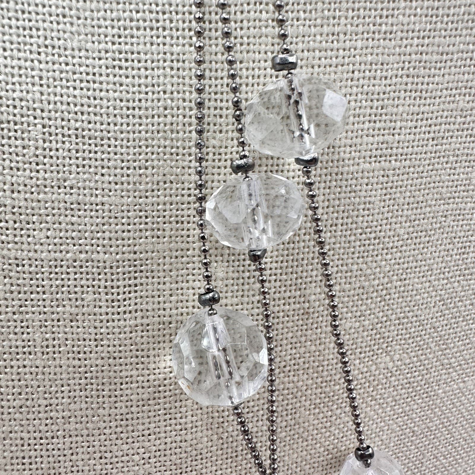 Vintage 90s Silver Tone Triple Strand Clear Beaded Necklace Classic Jewelry - Thumbnail 4