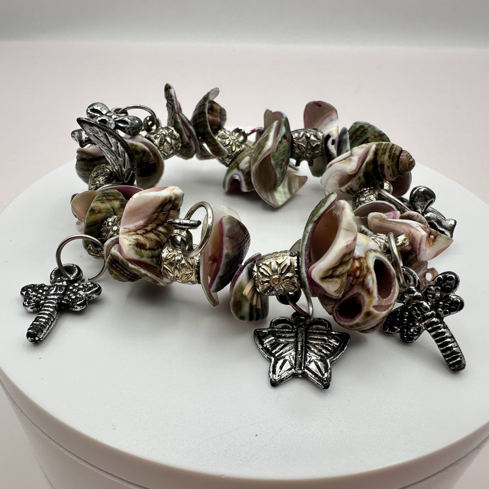 Vintage 90s Boho Shell Silver Tone Charm Bracelet Statement Women's Jewelry - Thumbnail 4