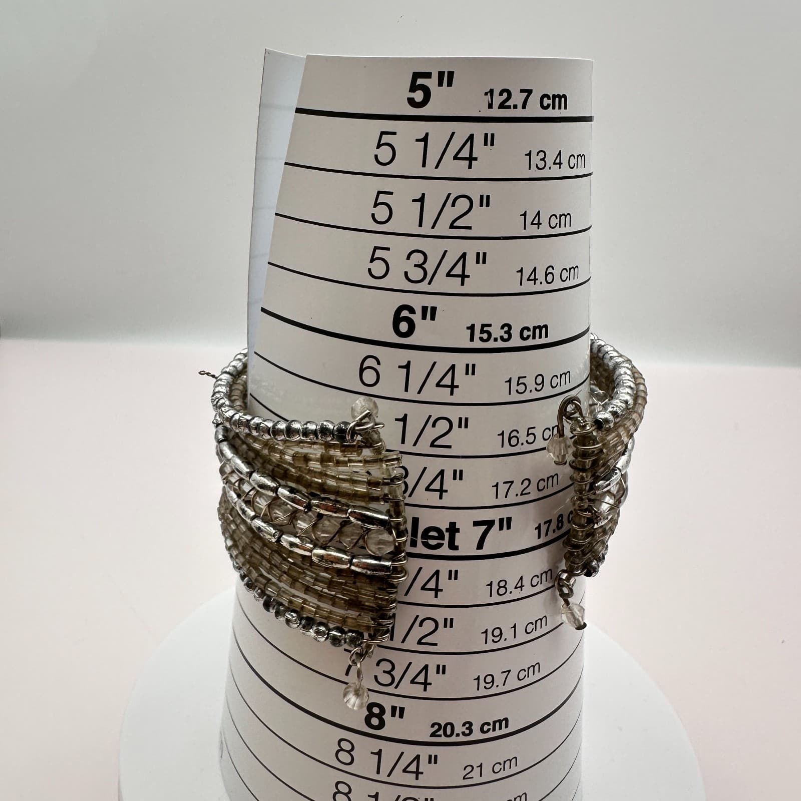 Vintage 90s Silver Tone Beaded Memory Wire Cuff Bracelet Women's Classic Jewelry - Thumbnail 6