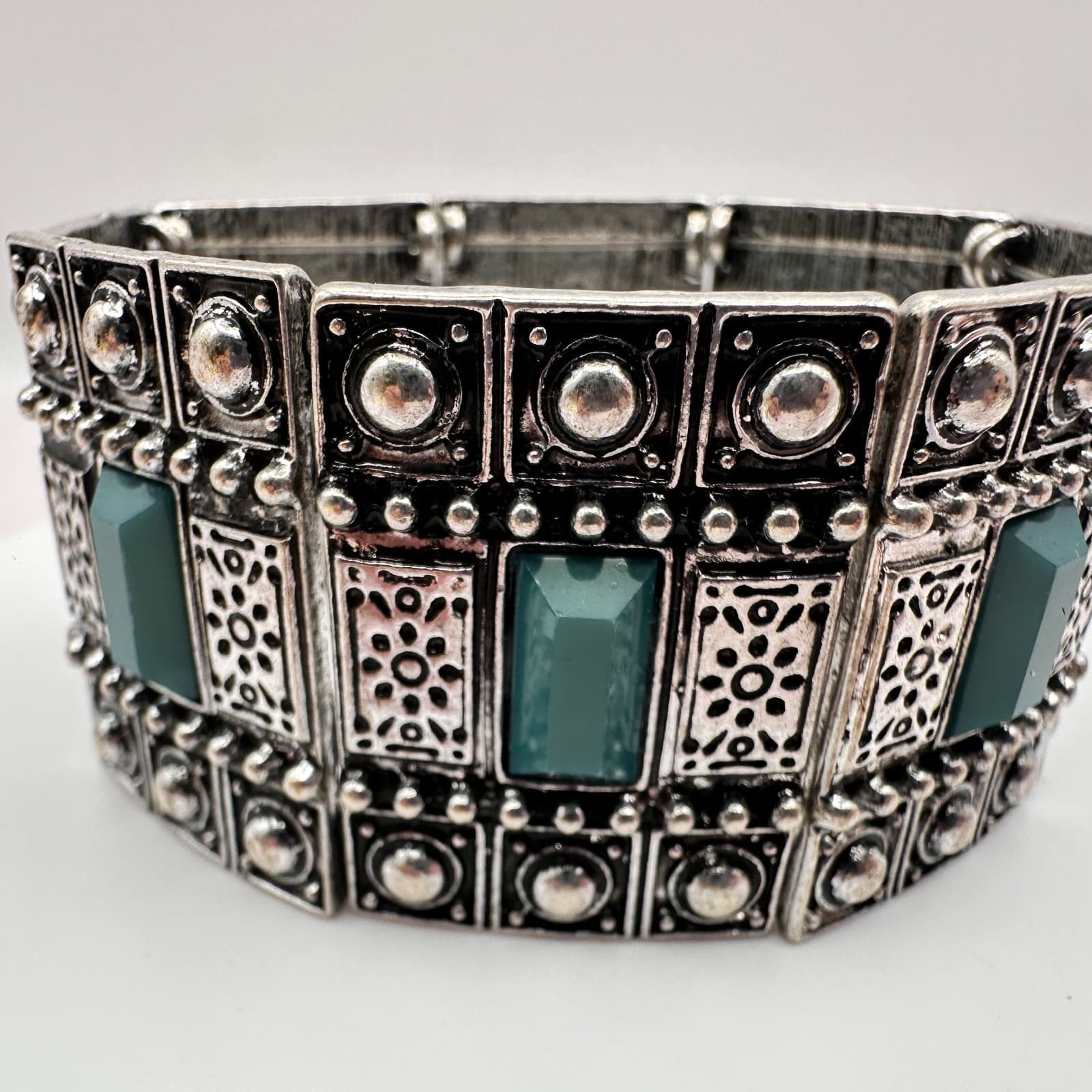 Vintage 90s Teal Green Stones Silver Tone Wide Stretch Cuff Bracelet Jewelry - Thumbnail 4