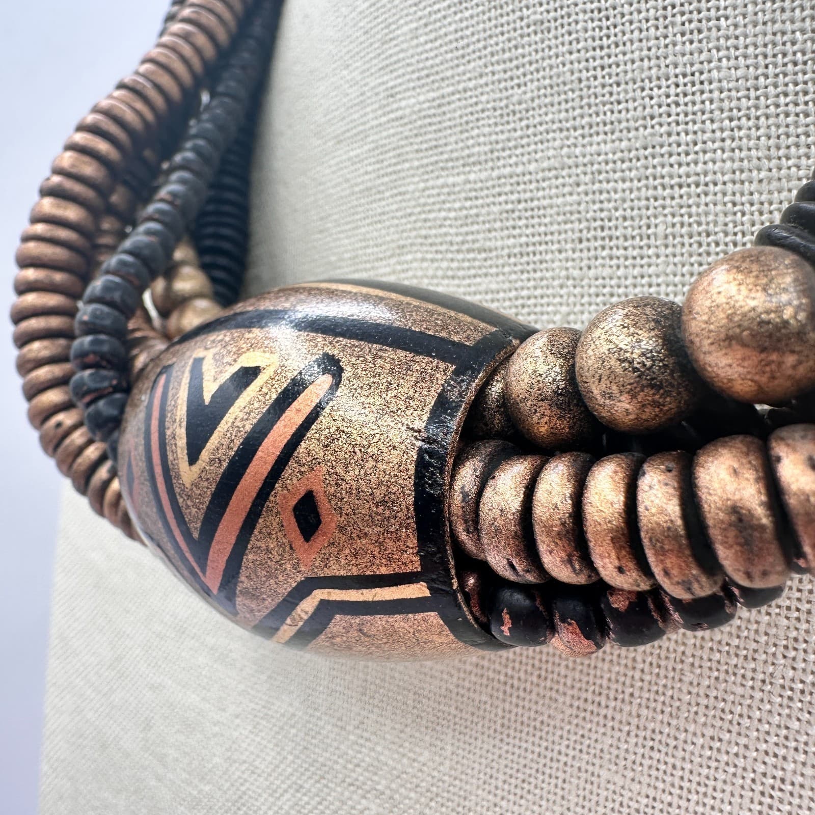 Vintage 80s Silver Tone Multi Strand Chunky Wooden Beaded Necklace Jewelry - Thumbnail 6