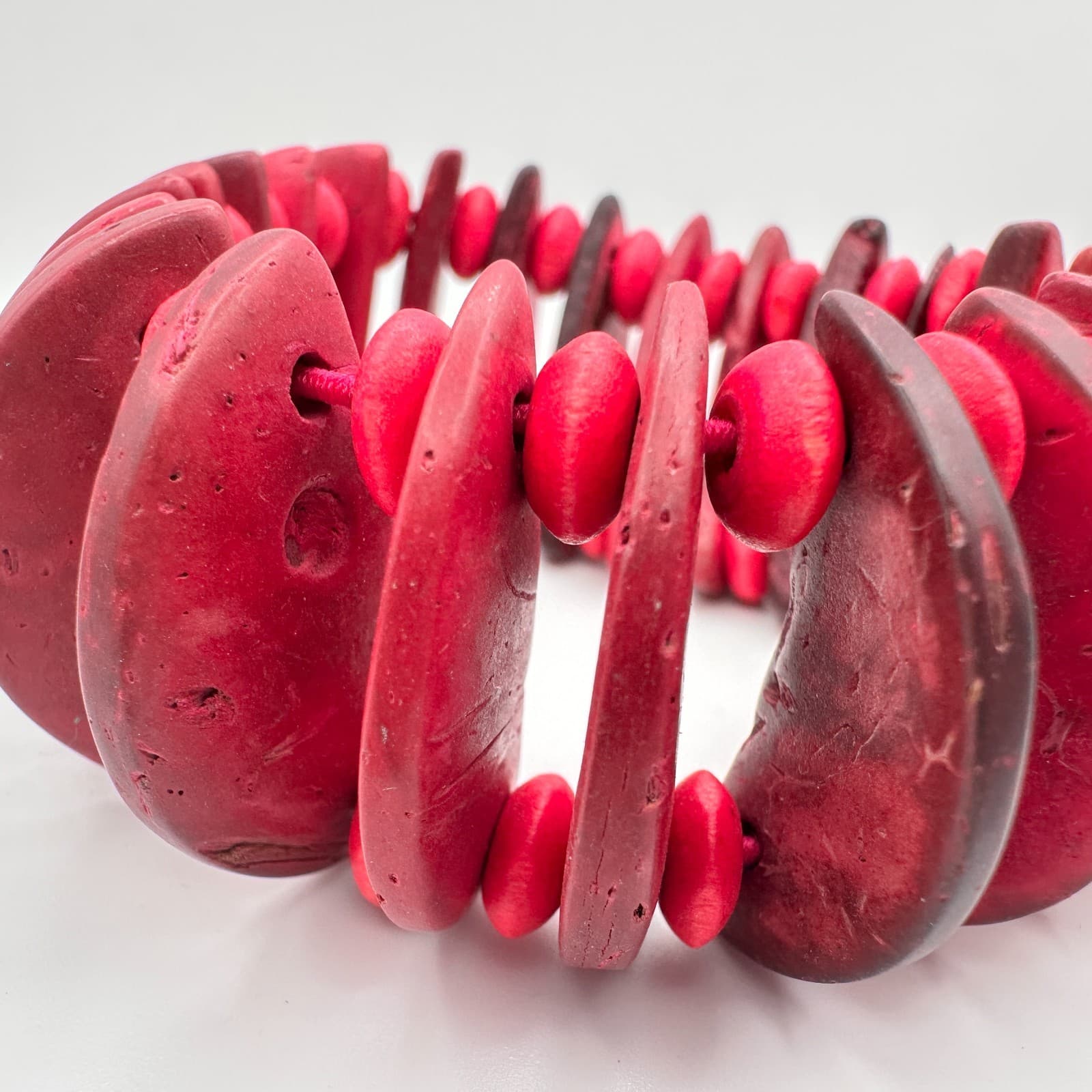 Vintage Y2K Tagua Nut Wood Bead Stretch Bracelet Fuchsia Pink Statement Jewelry - Thumbnail 6