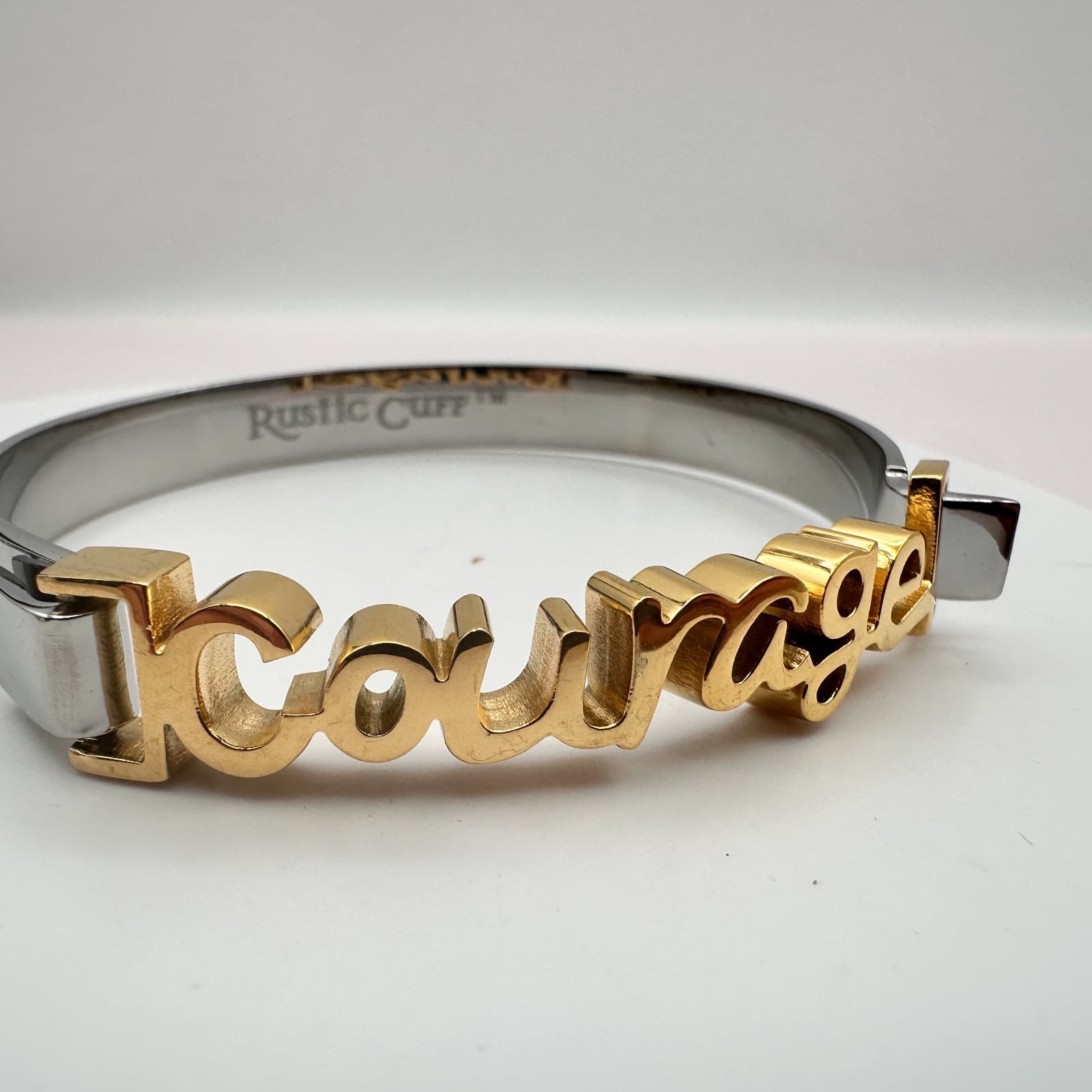 Vintage 90s Rustic Cuff Courage Bracelet Two Tone Inspirational Fashion Jewelry - Thumbnail 3