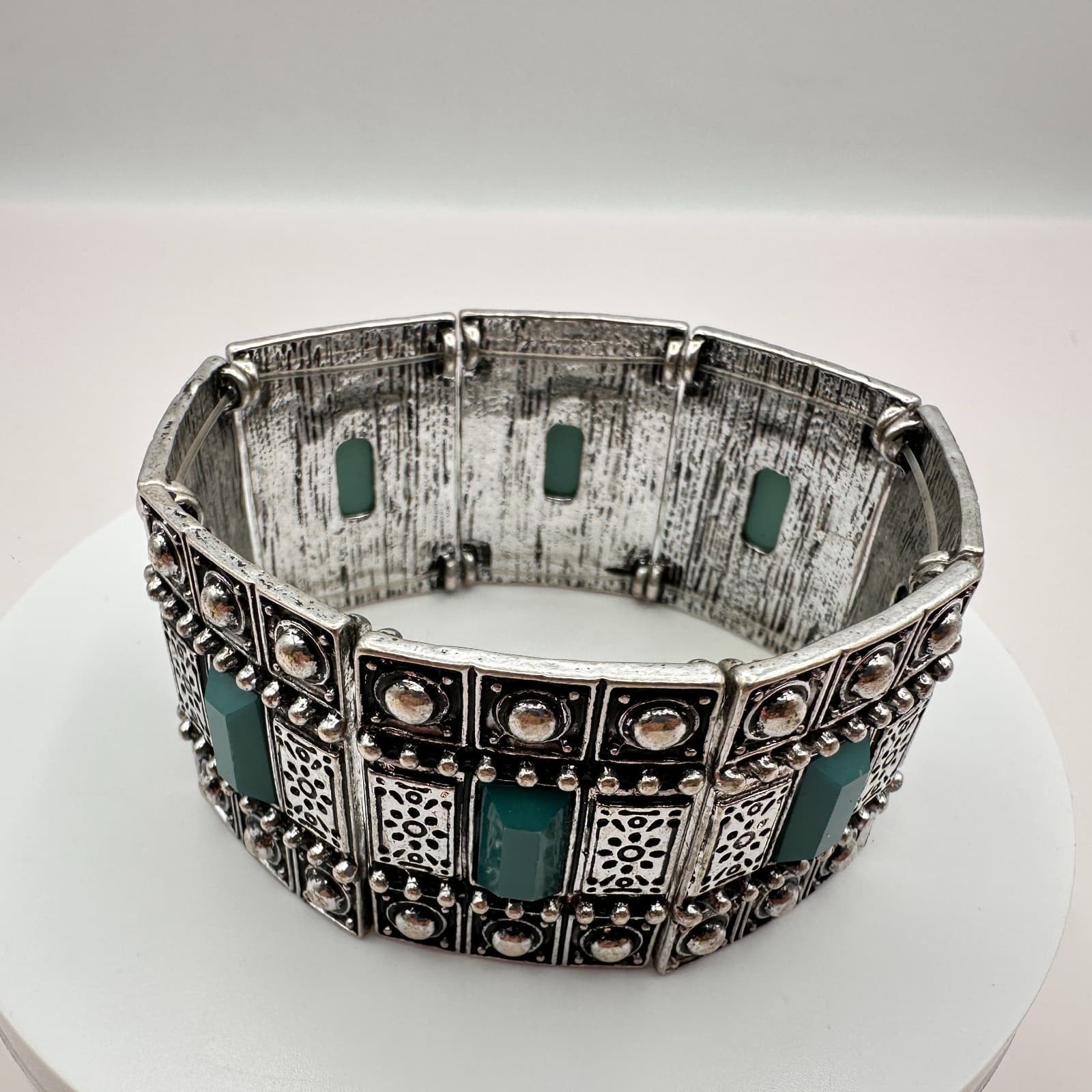 Vintage 90s Teal Green Stones Silver Tone Wide Stretch Cuff Bracelet Jewelry - Thumbnail 3