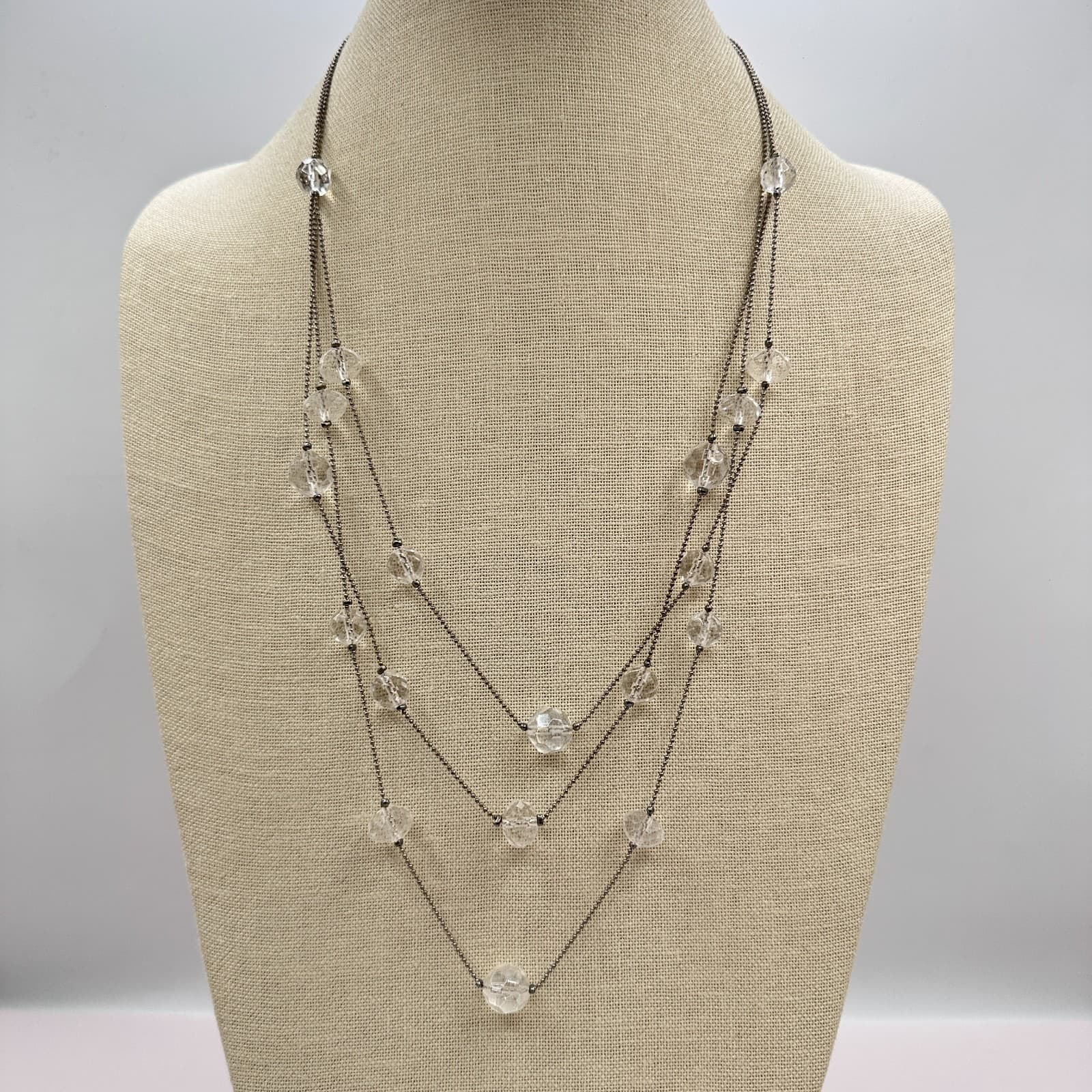 Vintage 90s Silver Tone Triple Strand Clear Beaded Necklace Classic Jewelry - Thumbnail 7
