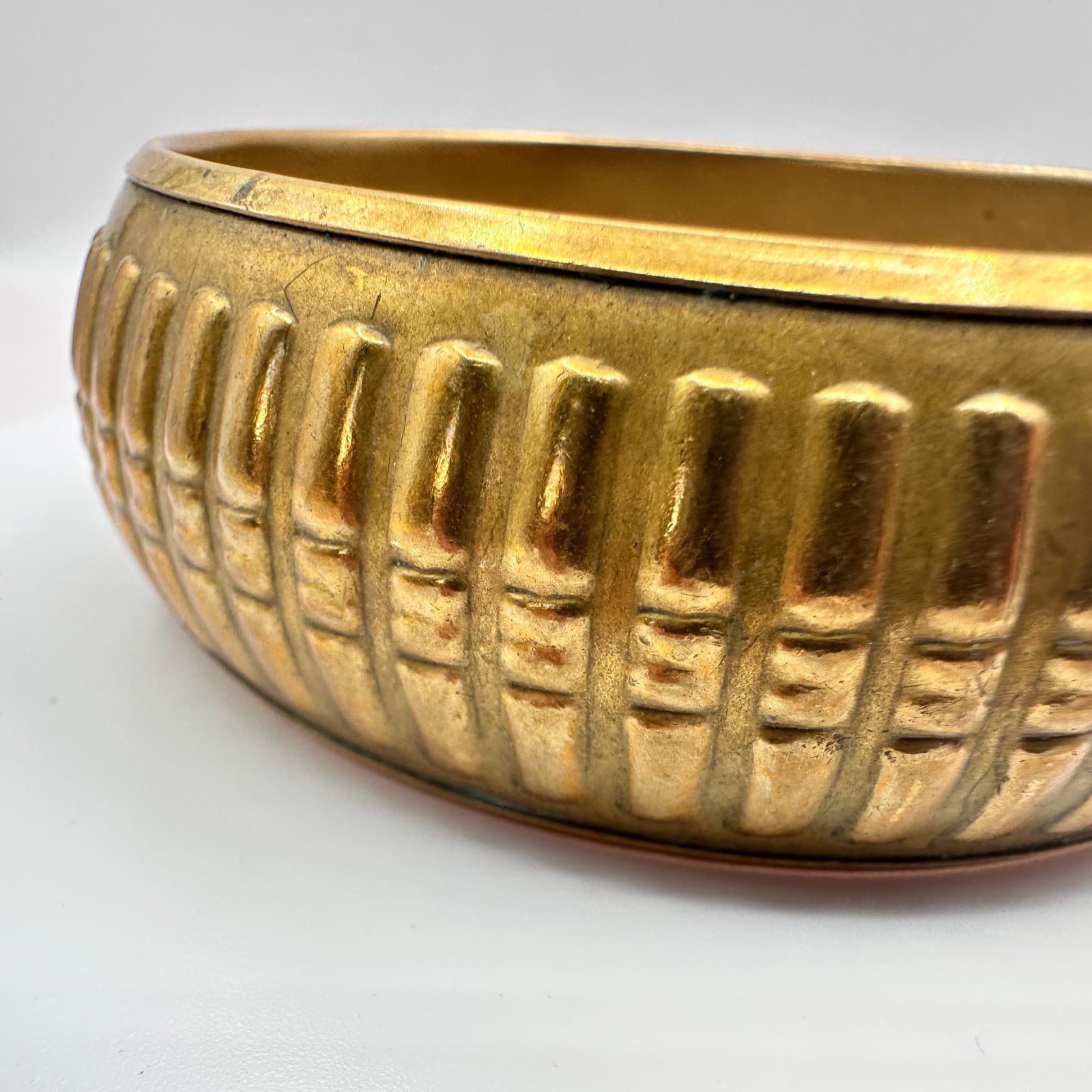 Vintage 90s Brass Tone Stacking Ribbed Bangle Statement Women's Classic Jewelry - Thumbnail 4