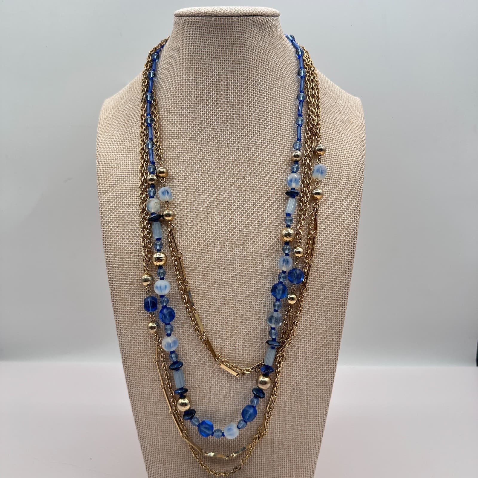 Vintage 90s Beaded Multi-Strand Gold Tone Necklace & Dangle Earrings Set Jewelry - Thumbnail 2