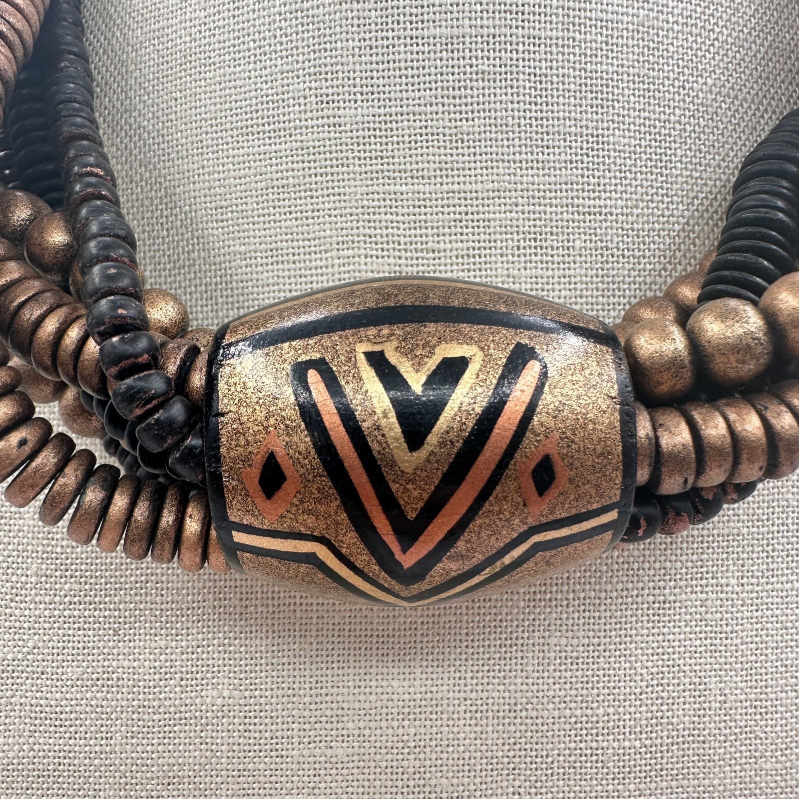 Vintage 80s Silver Tone Multi Strand Chunky Wooden Beaded Necklace Jewelry - Thumbnail 2