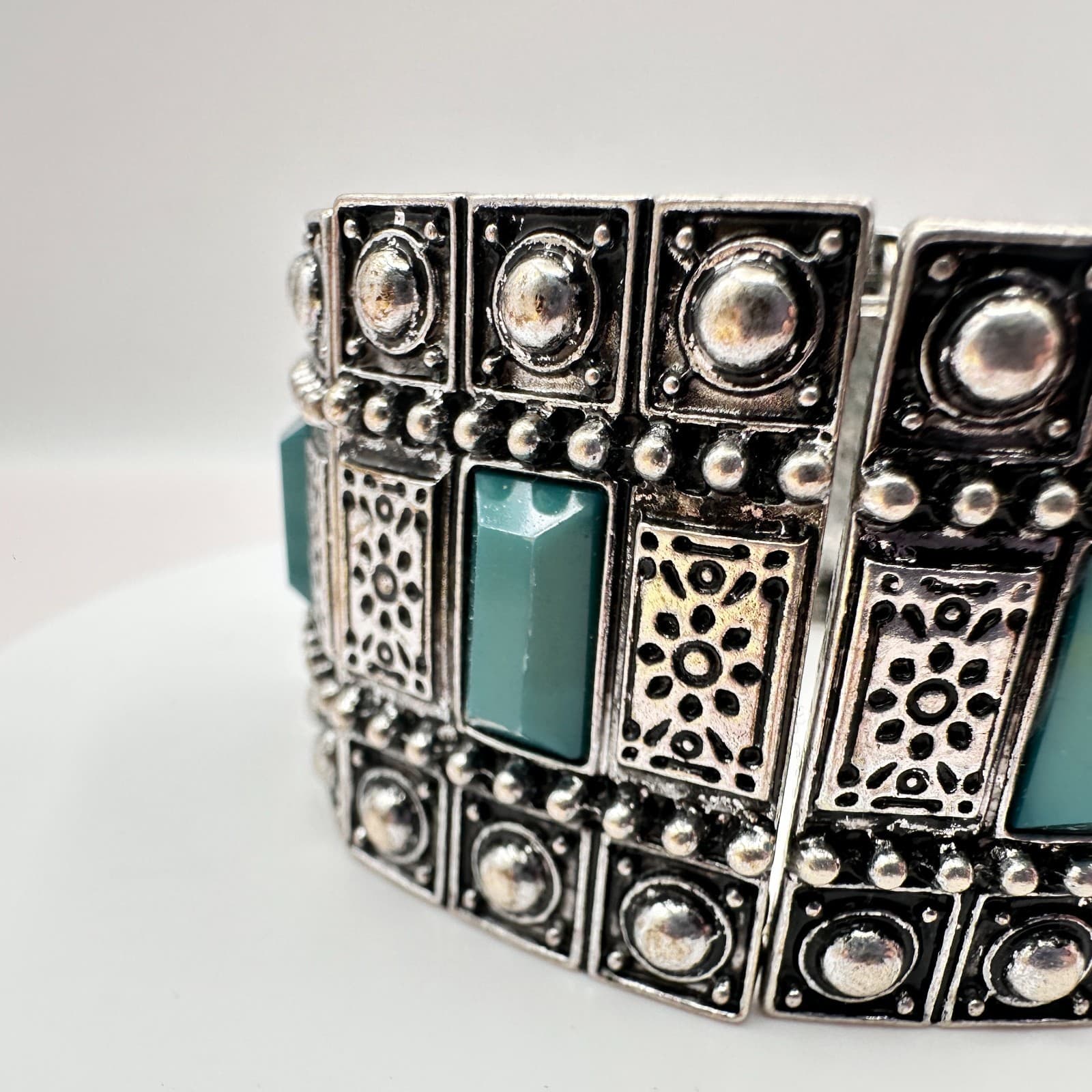 Vintage 90s Teal Green Stones Silver Tone Wide Stretch Cuff Bracelet Jewelry - Thumbnail 5