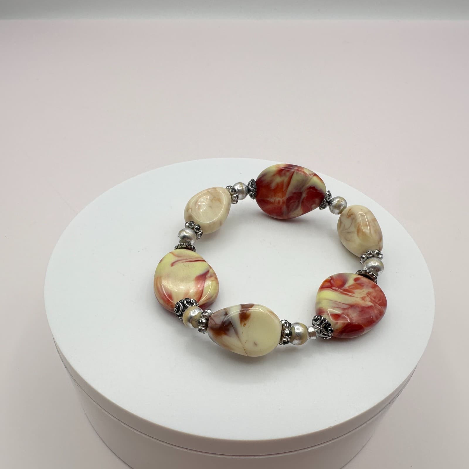 Vintage Y2K Cream Red Marbled Bracelet Statement Women's Classic Fashion Jewelry - Thumbnail 6