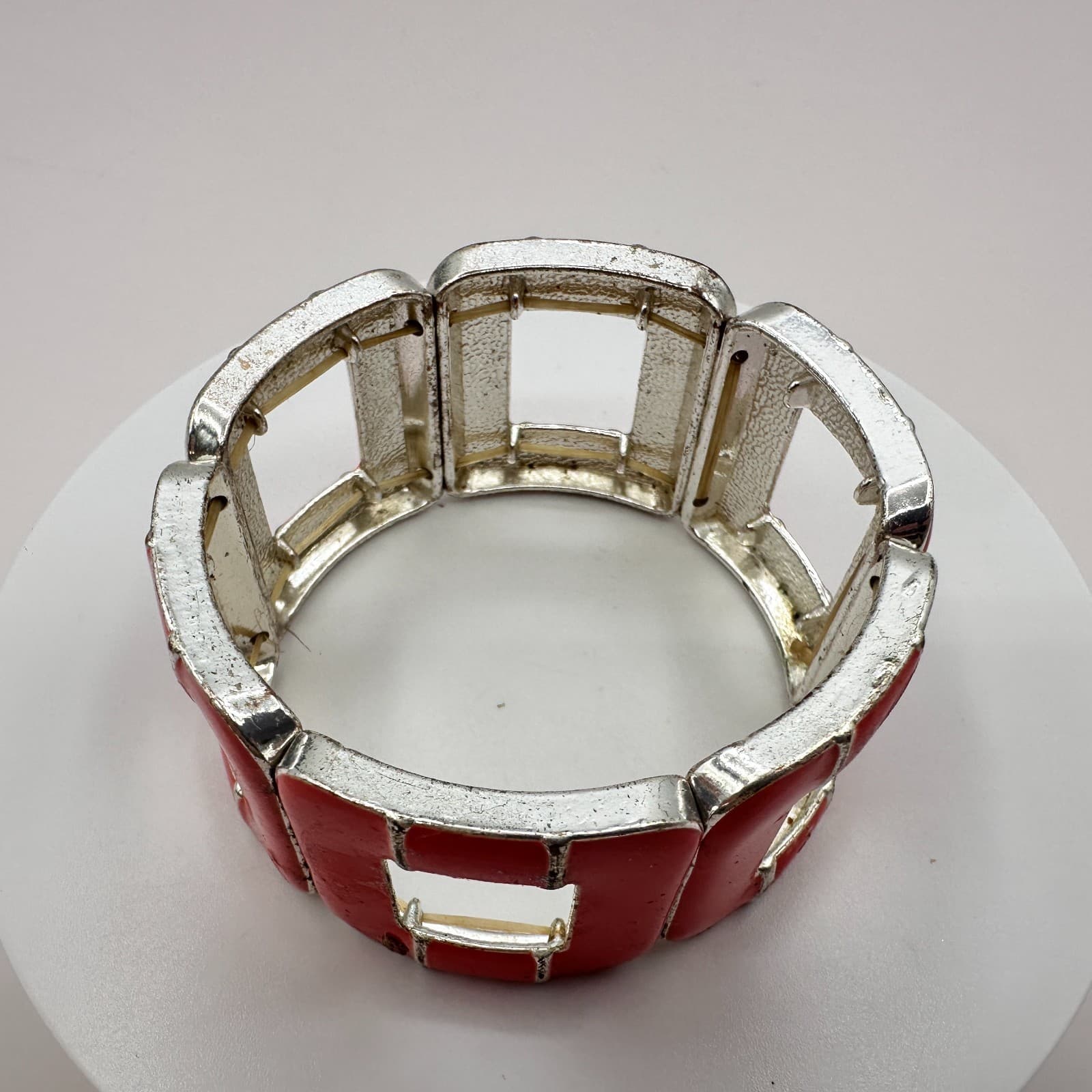 Vintage 90s Silver Tone Red Stretch Bracelet Geometric Retro Statement Jewelry - Thumbnail 3
