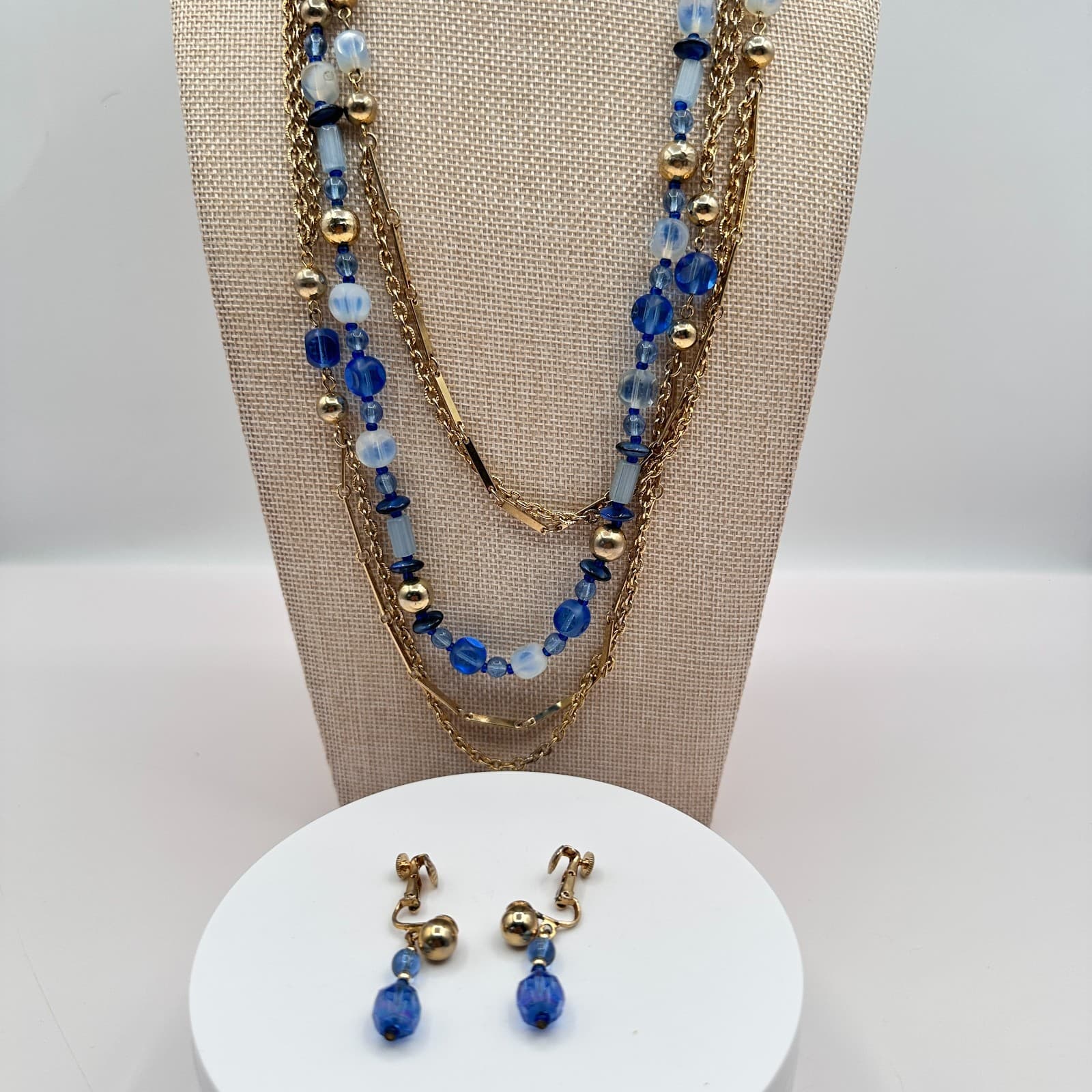 Vintage 90s Beaded Multi-Strand Gold Tone Necklace & Dangle Earrings Set Jewelry