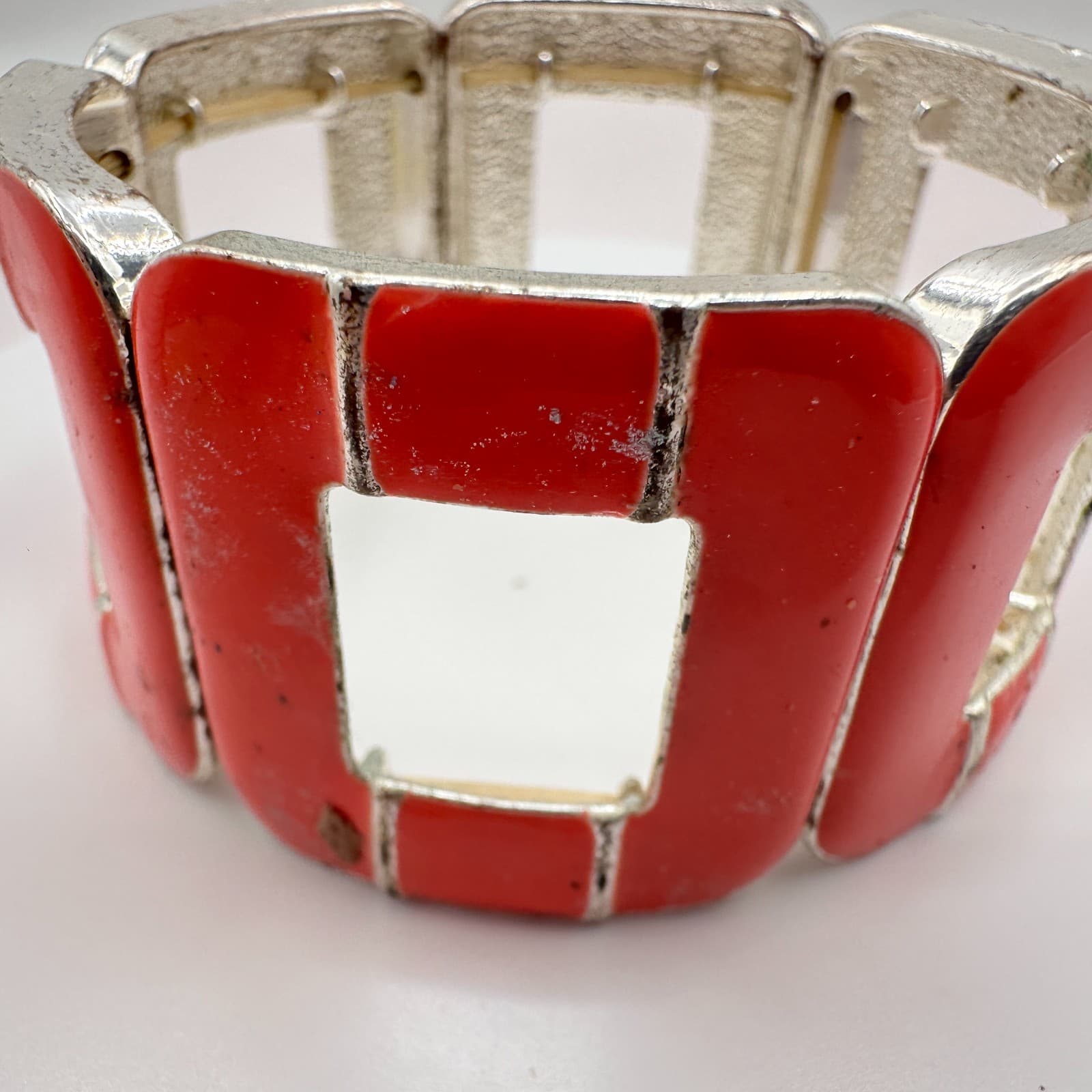 Vintage 90s Silver Tone Red Stretch Bracelet Geometric Retro Statement Jewelry - Thumbnail 4