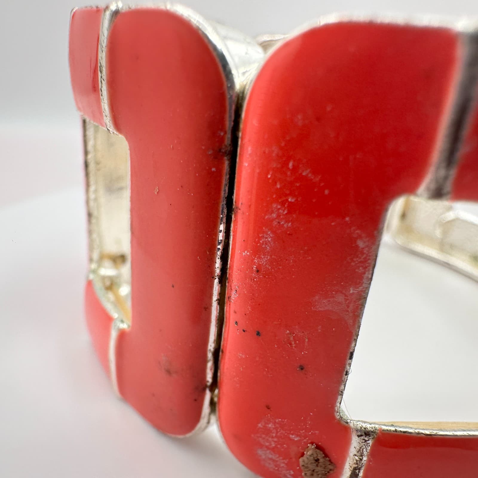 Vintage 90s Silver Tone Red Stretch Bracelet Geometric Retro Statement Jewelry - Thumbnail 5