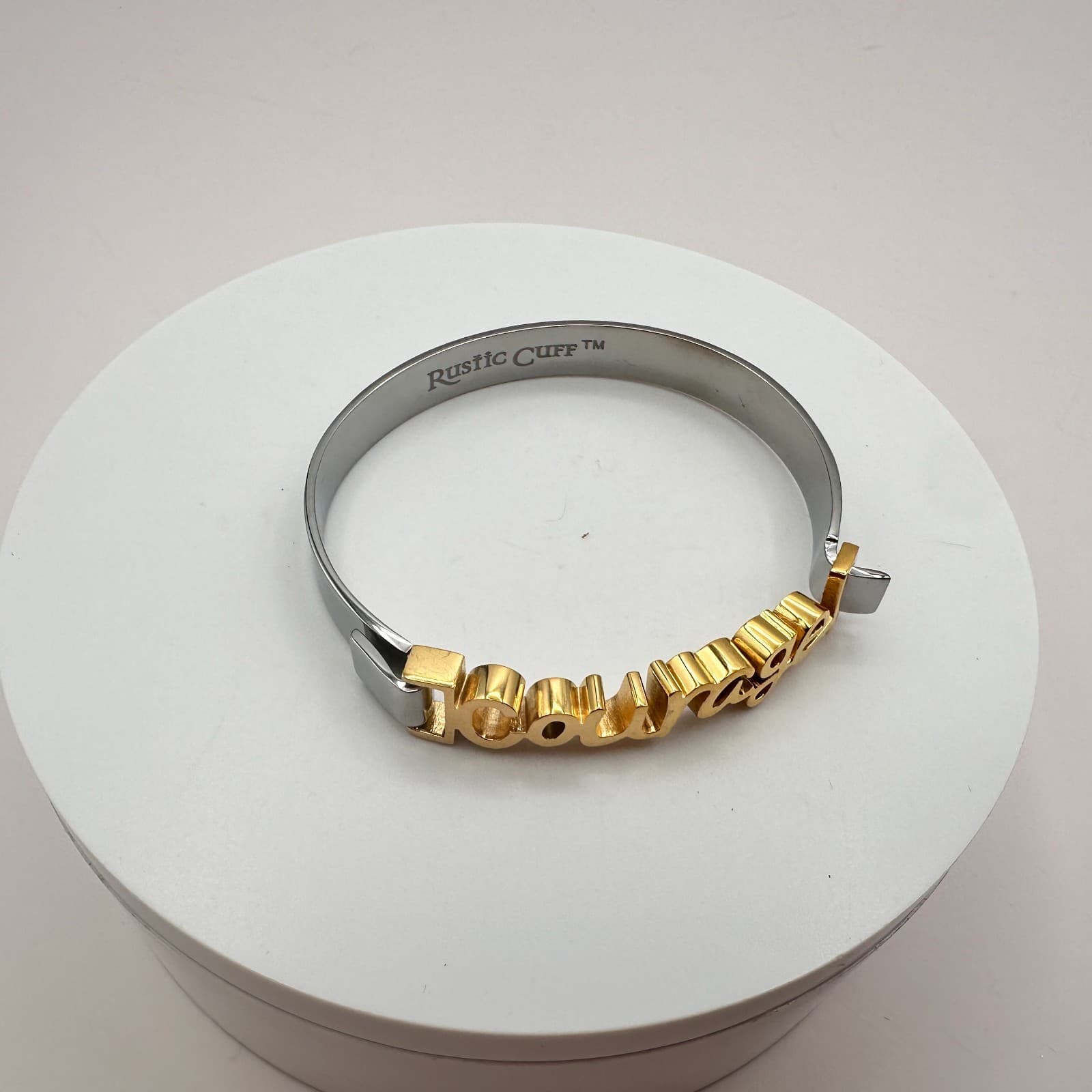 Vintage 90s Rustic Cuff Courage Bracelet Two Tone Inspirational Fashion Jewelry - Thumbnail 6