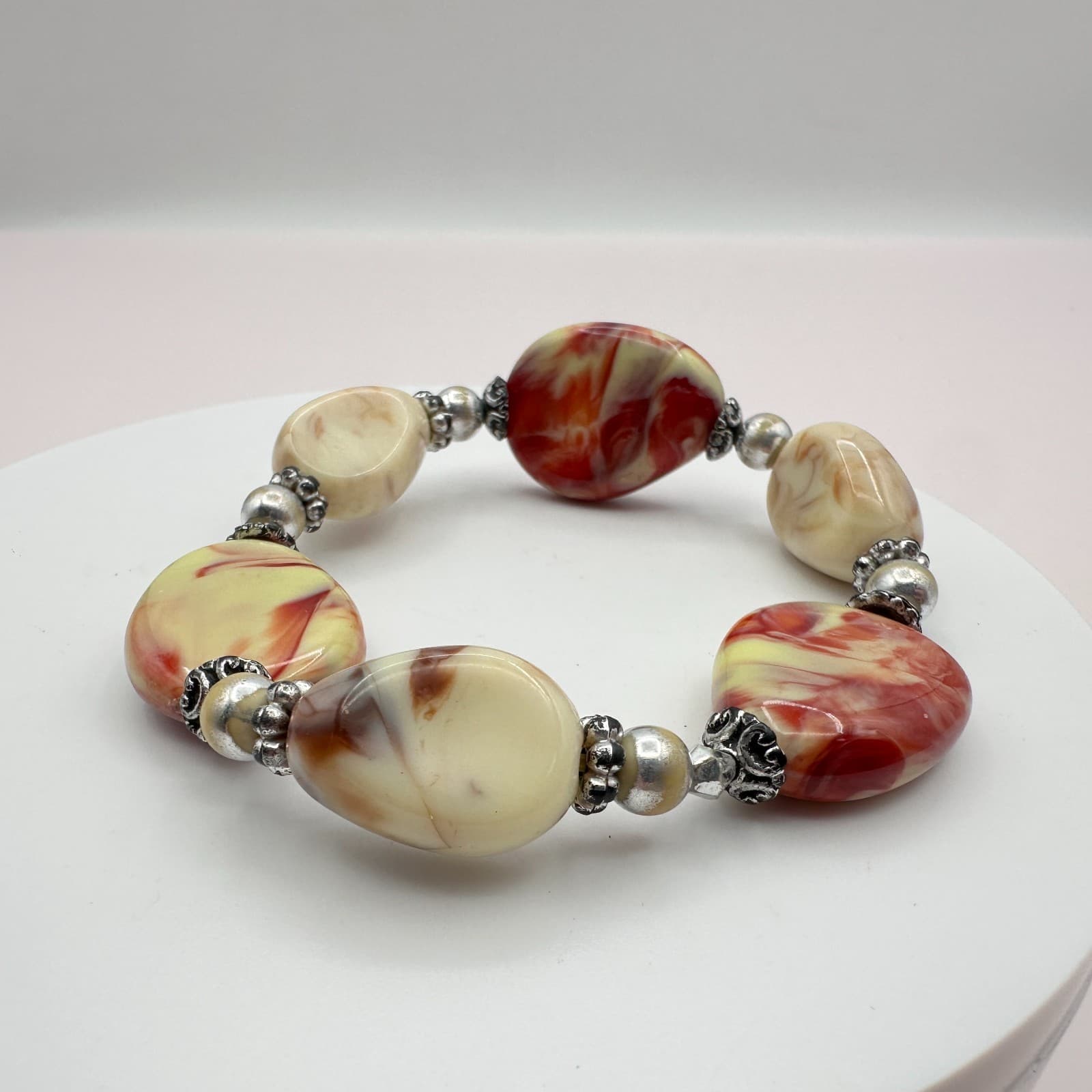 Vintage Y2K Cream Red Marbled Bracelet Statement Women's Classic Fashion Jewelry - Thumbnail 3