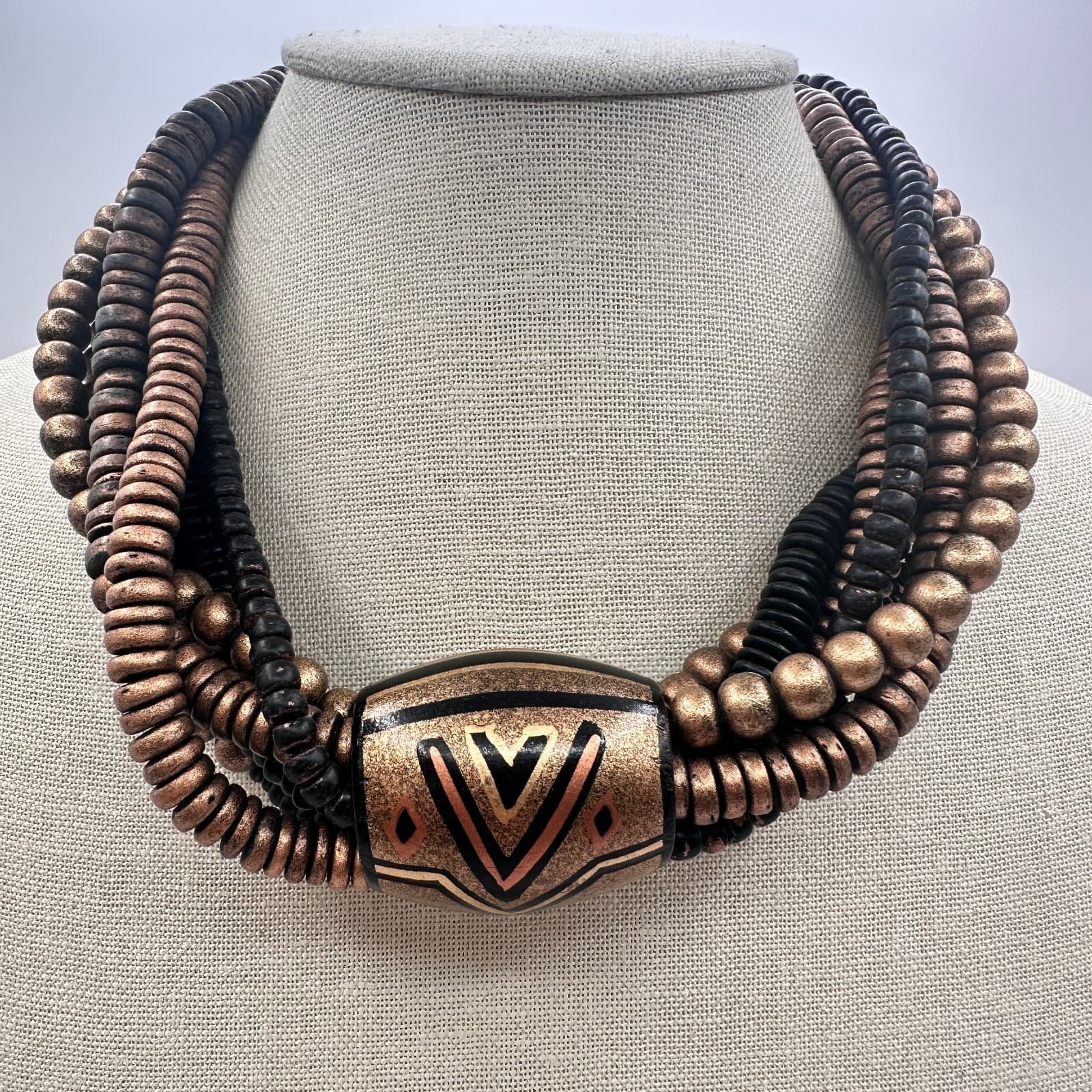 Vintage 80s Silver Tone Multi Strand Chunky Wooden Beaded Necklace Jewelry - Thumbnail 8