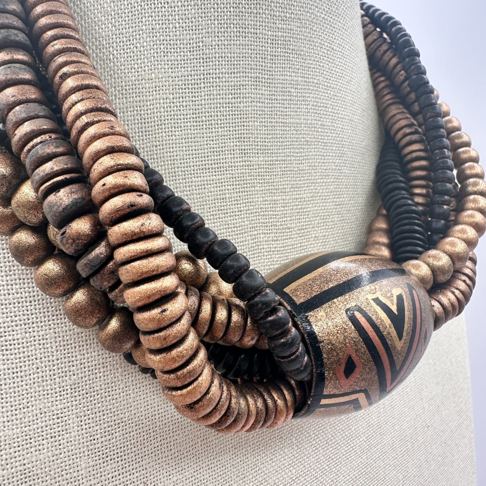 Vintage 80s Silver Tone Multi Strand Chunky Wooden Beaded Necklace Jewelry - Thumbnail 4