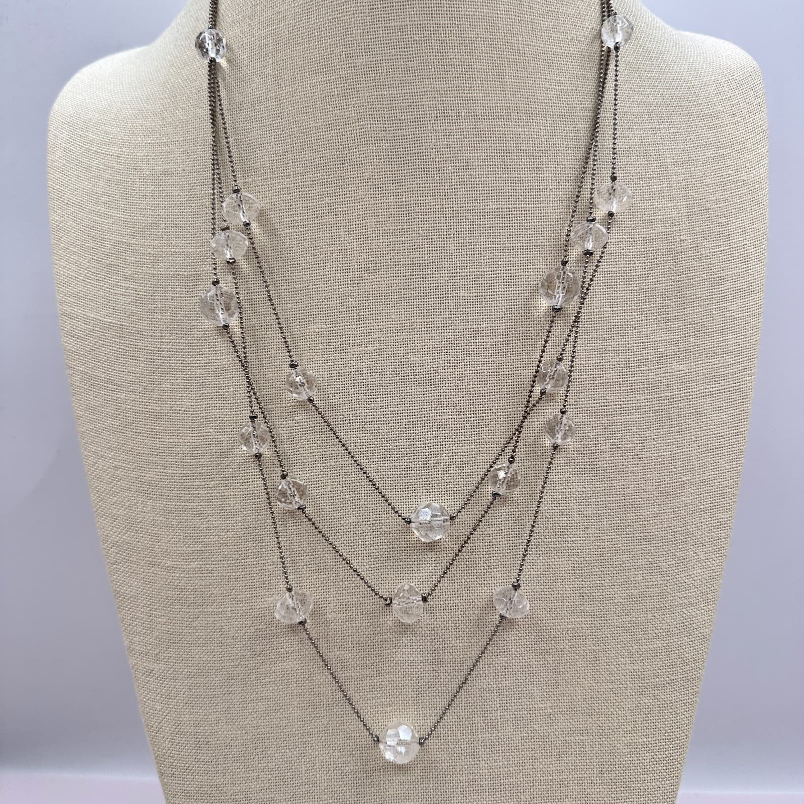 Vintage 90s Silver Tone Triple Strand Clear Beaded Necklace Classic Jewelry - Thumbnail 2