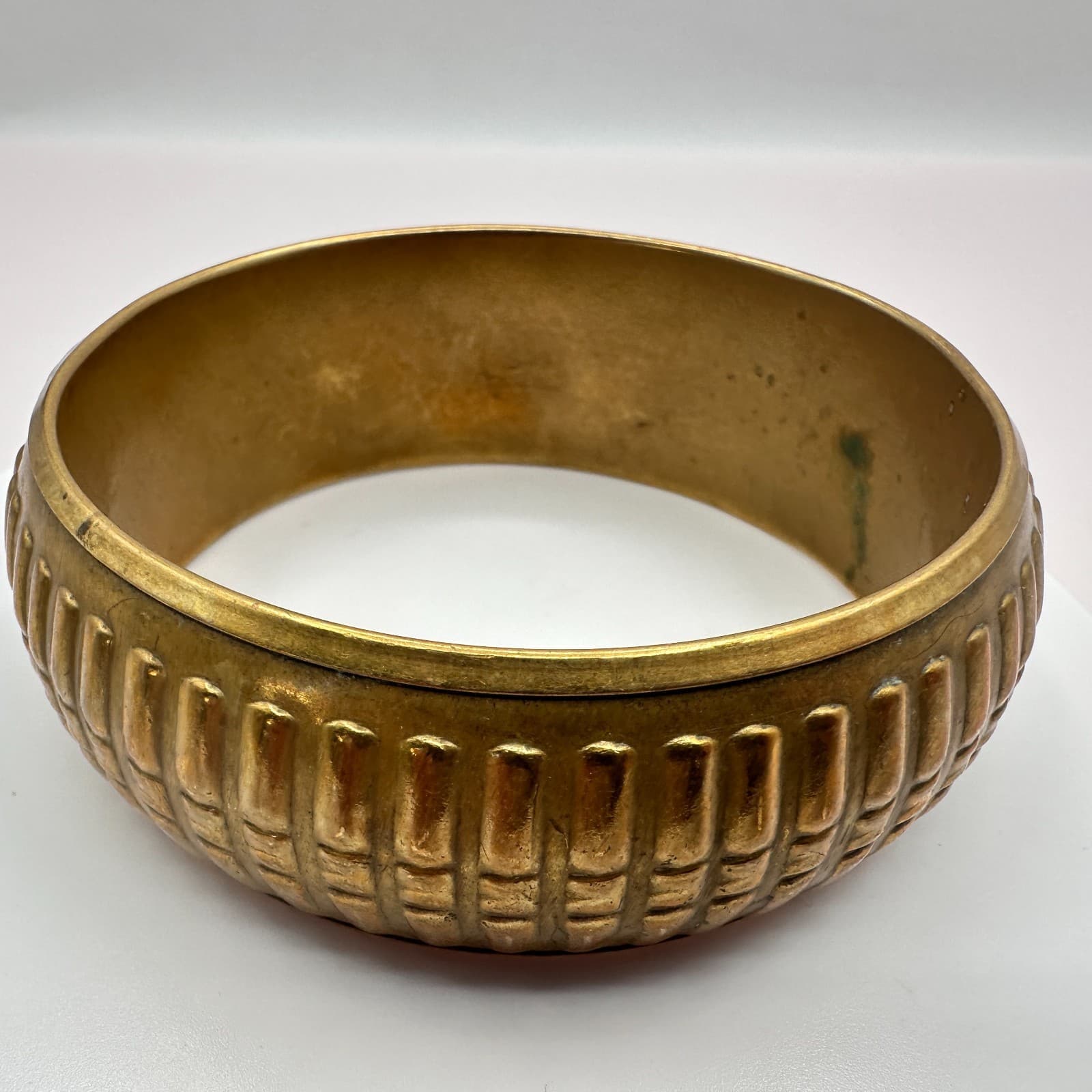 Vintage 90s Brass Tone Stacking Ribbed Bangle Statement Women's Classic Jewelry - Thumbnail 3