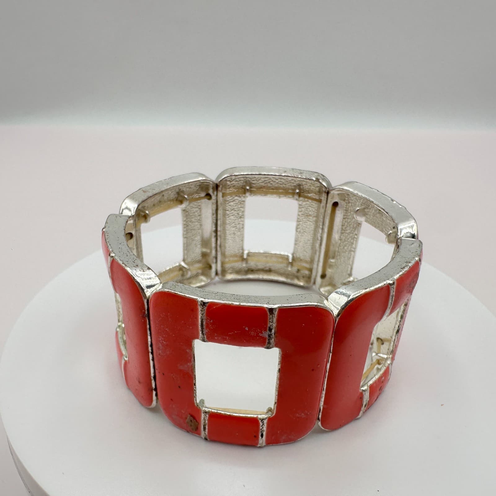 Vintage 90s Silver Tone Red Stretch Bracelet Geometric Retro Statement Jewelry - Thumbnail 2