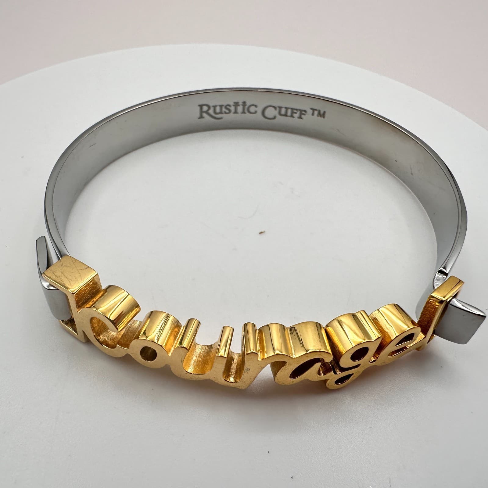 Vintage 90s Rustic Cuff Courage Bracelet Two Tone Inspirational Fashion Jewelry - Thumbnail 2