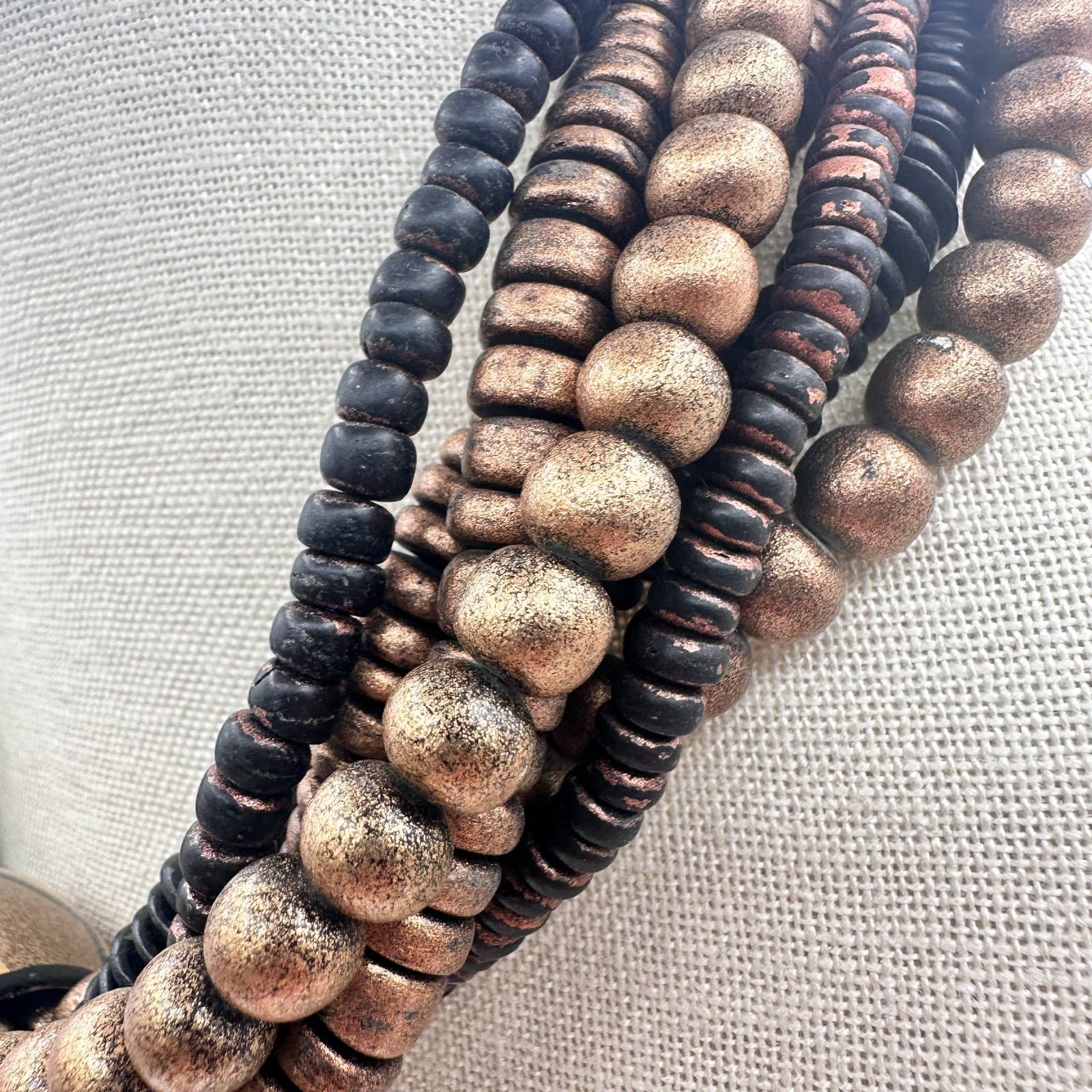 Vintage 80s Silver Tone Multi Strand Chunky Wooden Beaded Necklace Jewelry - Thumbnail 5