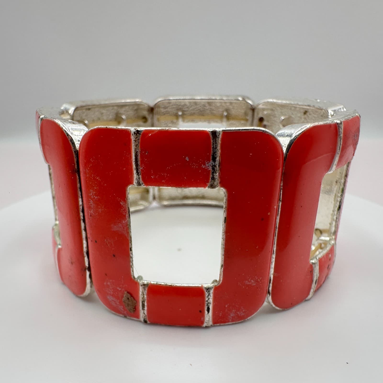 Vintage 90s Silver Tone Red Stretch Bracelet Geometric Retro Statement Jewelry - Thumbnail 6