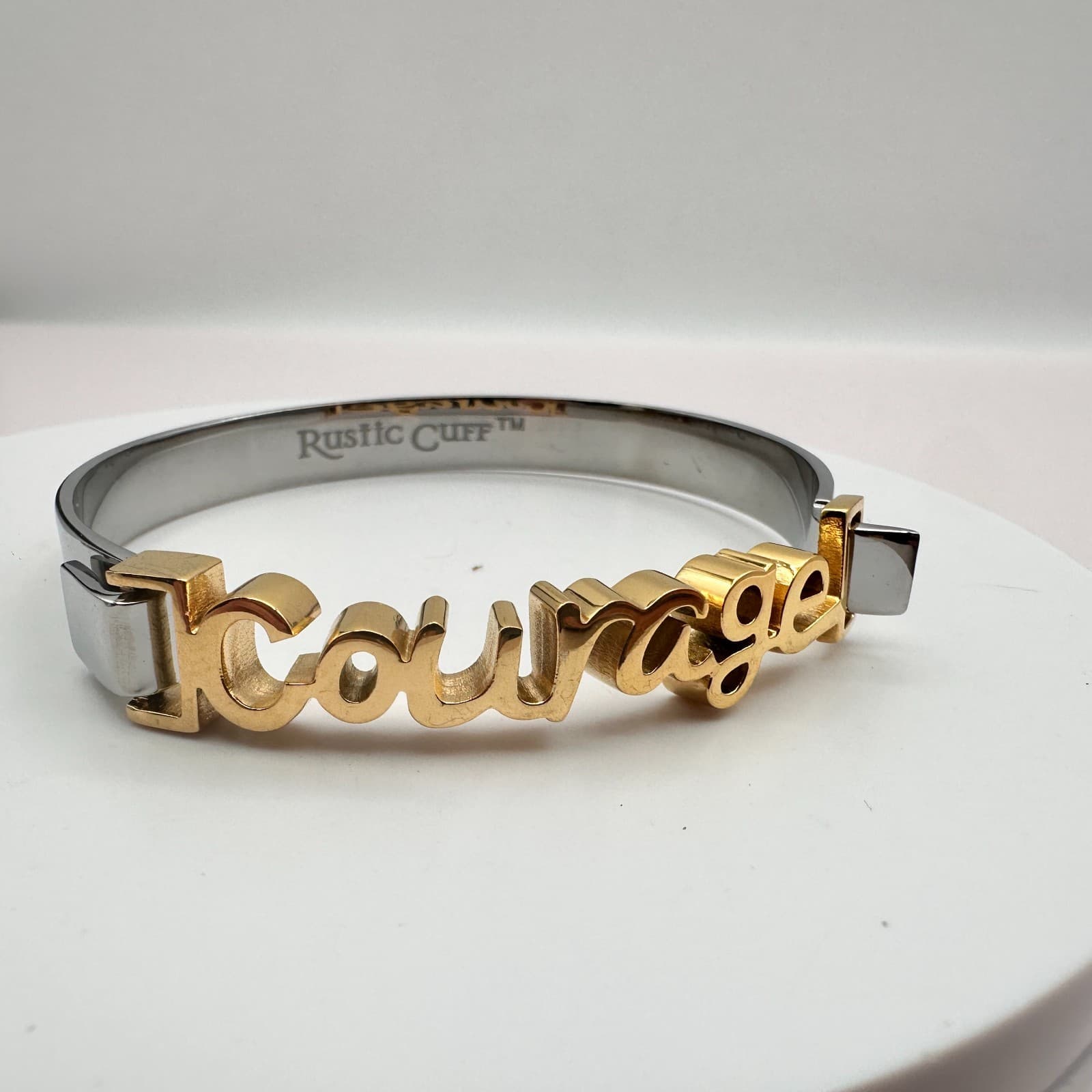 Vintage 90s Rustic Cuff Courage Bracelet Two Tone Inspirational Fashion Jewelry - Thumbnail 4