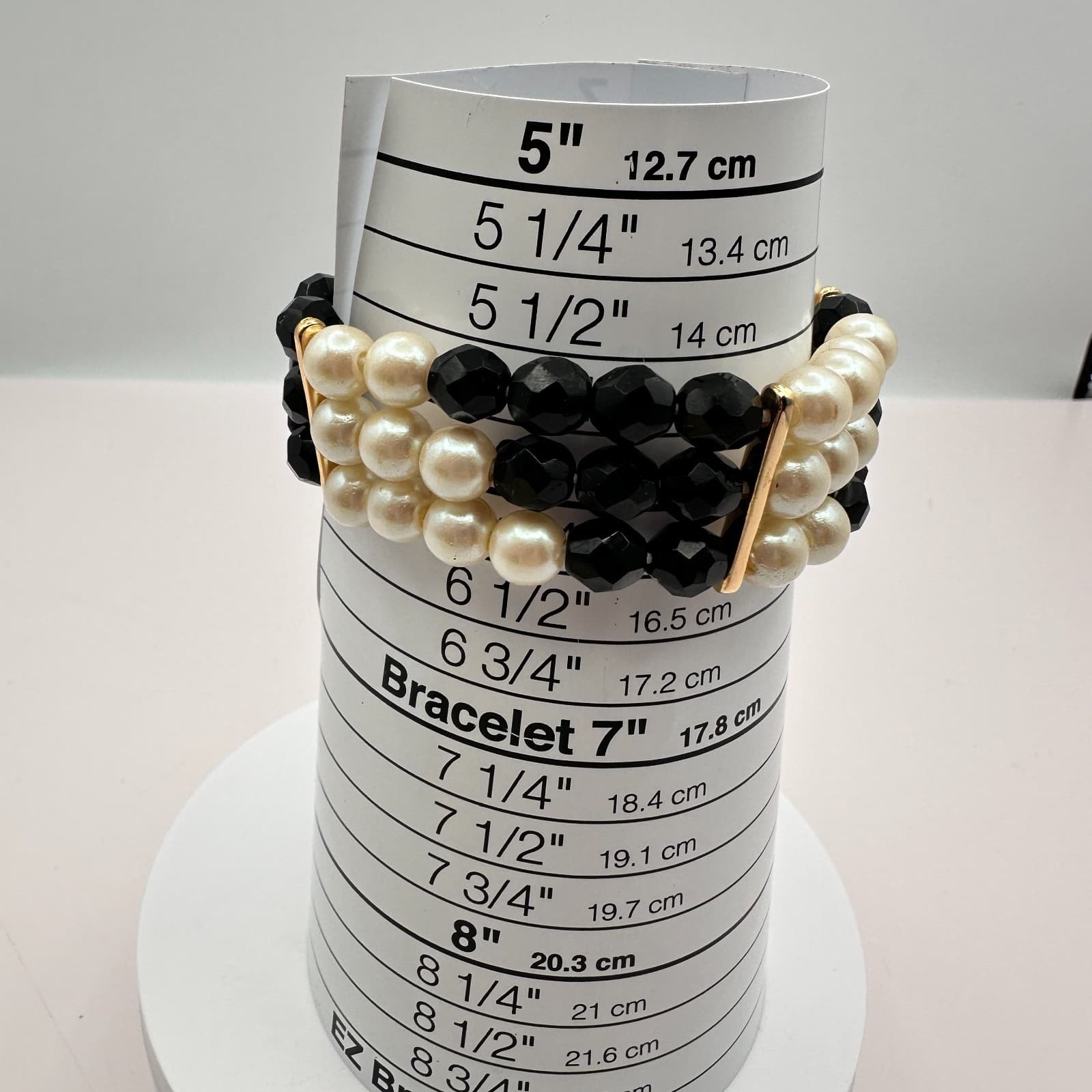 Vintage 80s Triple Strand Faux Pearl Black Bead Stretch Bracelet Elegant Jewelry - Thumbnail 2