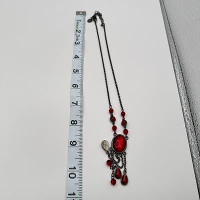 Vintage Y2K Red Cabochon Gunmetal Tone Chain Tassel Necklace Statement Jewelry - Thumbnail 7